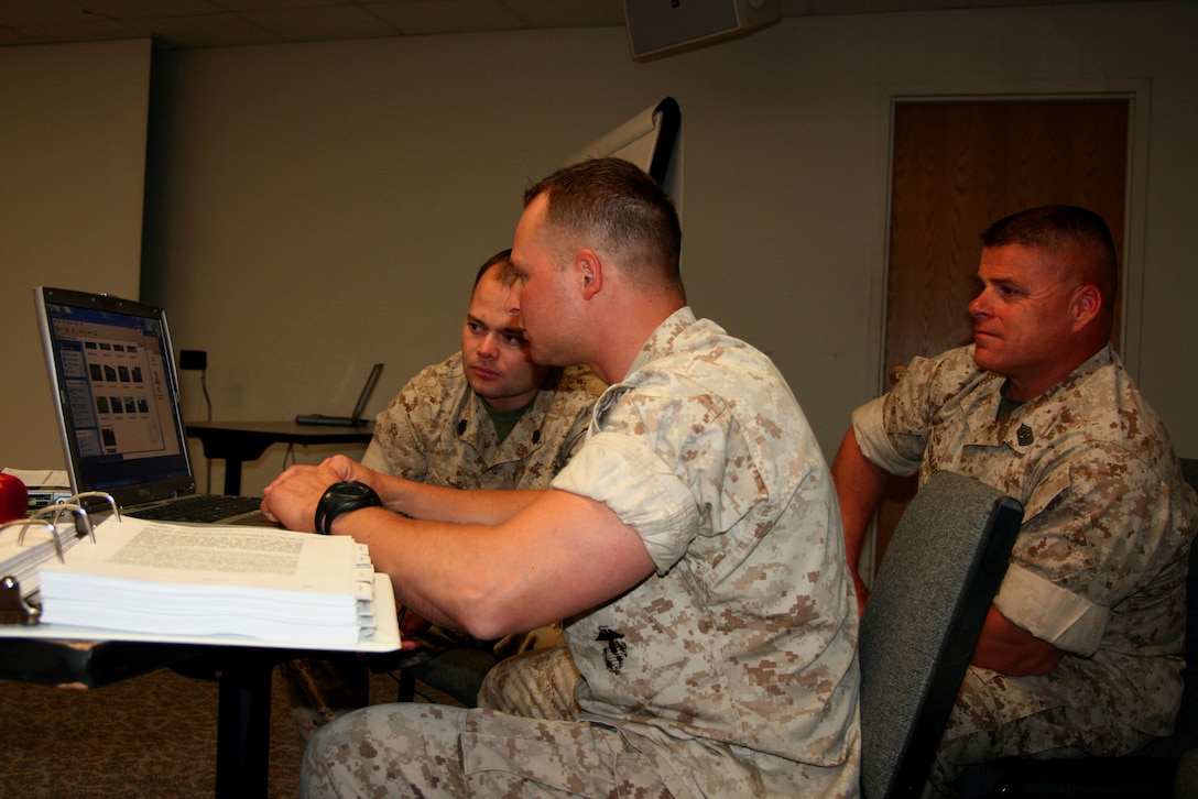 Staff Sgt. Jeremiah Howe (center), a reserve platoon commander and antiterrorism officer with Company A, 1st Battalion, 24th Marine Regiment in Grand Rapids, Mich., leads his team in developing a risk analysis brief here April 7.  More than 30 Marines from throughout the United States came here for a week of advanced antiterrorism training.  Sgt. Maj. Charles Dillree (right) serves as the site sergeant major and ATO for Marine Aircraft Group 41, Detachment B at Edwards Air Force Base, Calif.