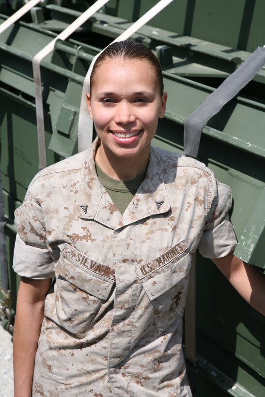 Lance Cpl. Soraya Silva, a combat engineer with 8th Engineer Support Battalion, Combat Logistics Regiment 25, 2nd Marine Logistics Group, stands in the Bridge Company's compound aboard Camp Lejeune, N.C., April 8, 2010.   Silva was selected as Marine of the Quarter for the 1st quarter of fiscal year 2010, for her battalion, regiment and the 2nd MLG.
