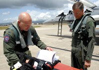 Col. Samuel (Sam) Black, Director of Operations, 100th Fighter Squadron, Air National Guard Alabama, completes his F-16 Falcon preflight checklist, with Lee Webber, President and Publisher for The Honolulu Advertiser, prior to takeoff on the flightline, Joint Base Pearl Harbor Hickam, Hawaii, Apr. 7, 2010. (U. S. Air Force photo/Tech. Sgt. Jerome S. Tayborn)