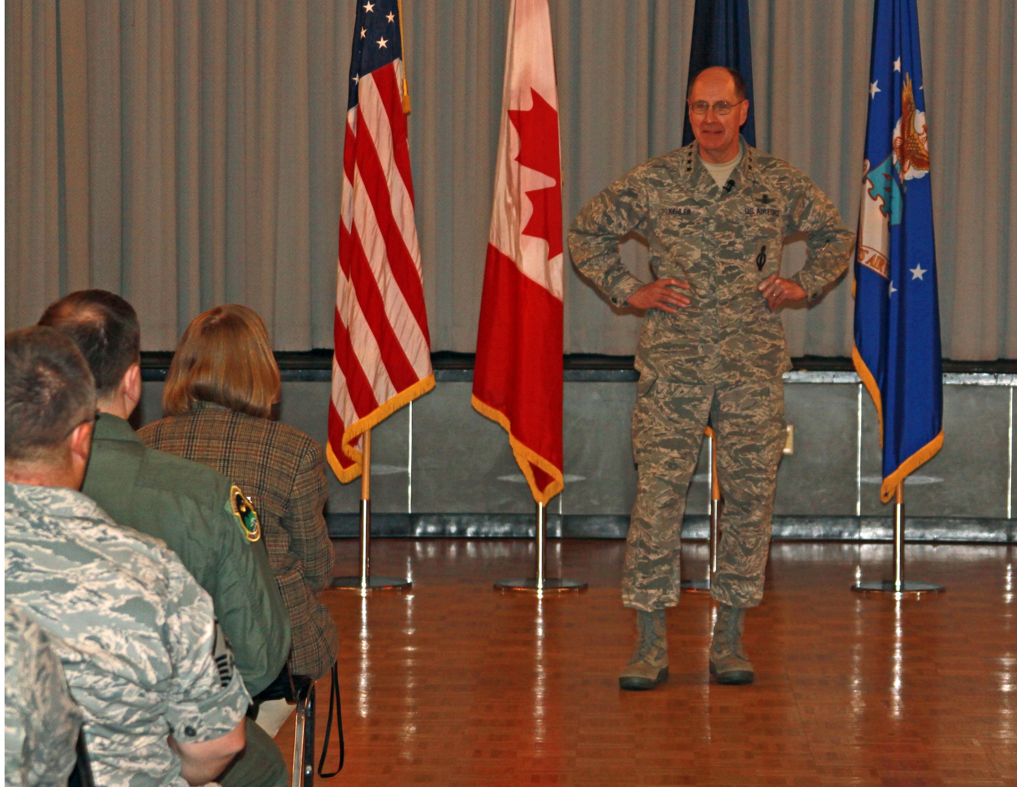 CLEAR AIR FORCE STATION, Alaska – During his visit to the 13th Space Warning Squadron March 28 to 29, Gen. C. Robert Kehler, Air Force Space Command commander, held a commander’s call during which he fielded questions and discussed a variety of topics including rotating active duty personnel through the 13th SWS to give them Phased Array Warning System experience. Clear AFS is currently manned by a team of civilians, Alaska Air National Guardsmen and active duty Airmen and is one of several geographically separated units assigned to the 21st Space Wing that conducts precise disciplined missile warning, missile defense and space control operations. (U.S. Air Force photo/Tech. Sgt. Michael Reyor)   