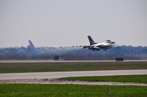 A U.S. Air Force F-16C Fighting Falcon piloted by Lt. Col John Bratun rockets down the runway at Atlantic City International Airport on April 8th, 2010.  Colonel Bratun is assigned to the 119th Fighter Squadron.  (U.S. Air Force photo/Staff Sgt. Matt Hecht)
