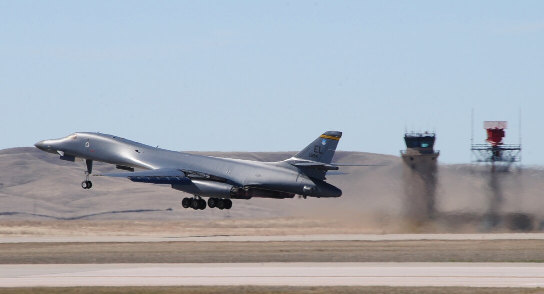 ELLSWORTH AIR FORCE BASE, S.D. -- A B-1B Lancer takes off, April 8.  The B-1B holds almost 50 world records for speed, payload, range, and time of climb in its class. The National Aeronautic Association recognized the B-1B for completing one of the 10 most memorable record flights for 1994. The most recent records were made official in 2004. (U.S. Air Force photo/Airman 1st Class Anthony Sanchelli)
