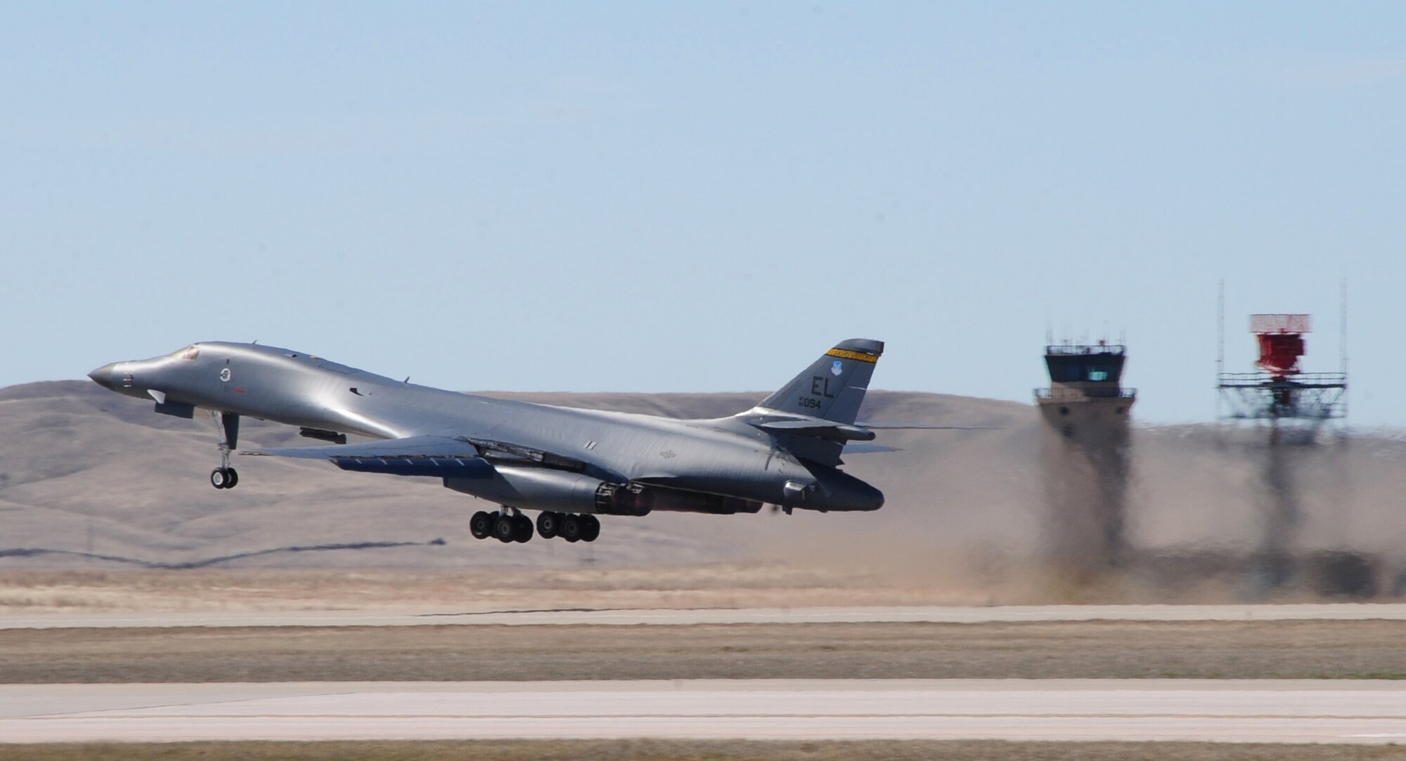 ELLSWORTH AIR FORCE BASE, S.D. -- A B-1B Lancer takes off, April 8.  The B-1B holds almost 50 world records for speed, payload, range, and time of climb in its class. The National Aeronautic Association recognized the B-1B for completing one of the 10 most memorable record flights for 1994. The most recent records were made official in 2004. (U.S. Air Force photo/Airman 1st Class Anthony Sanchelli)
