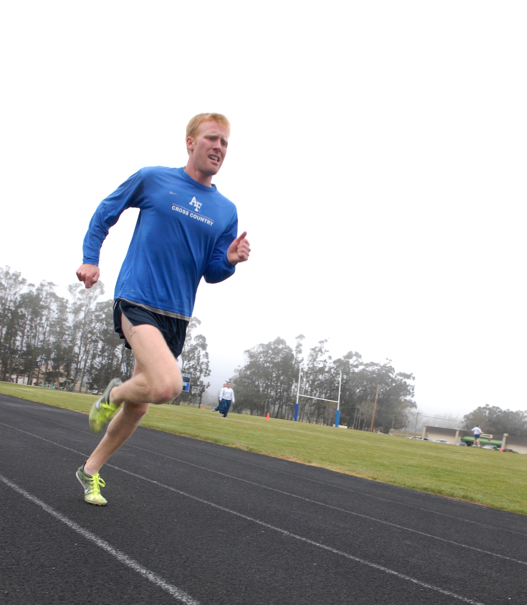 VANDENBERG AIR FORCE BASE, Calif. -- 2nd Lt. Sean Houseworth, of the 30th Civil Engineer Squadron, finishes his sprints here Tuesday, March 30, 2010. Lieutenant Houseworth is training in 5K and 10K races for the 2012 Olympics. (U.S. Air Force photo/Senior Airman Ashley Reed)