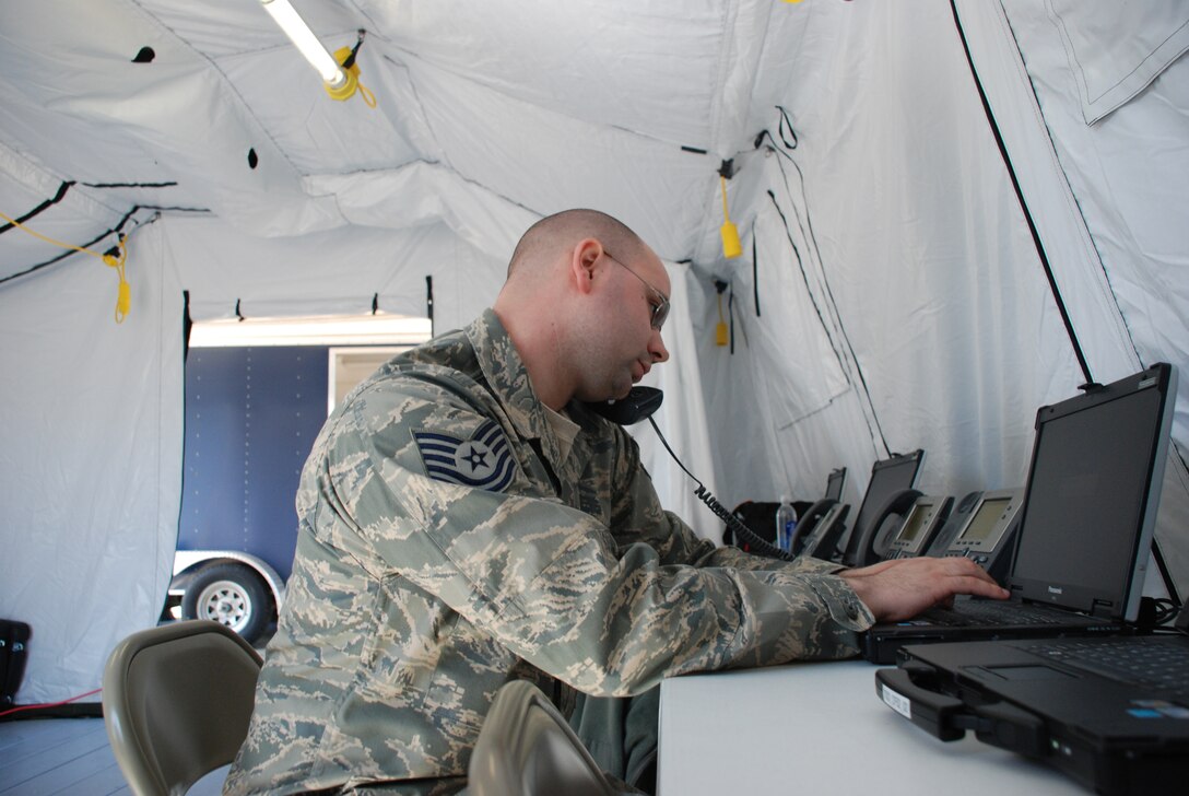 Members of the 439th Communications Squadron conduct an exercise with the Joint Incident Site Communications Capability system on Thursday, April 1. Westover is the first Air Force Reserve Command base to receive the JISCC 