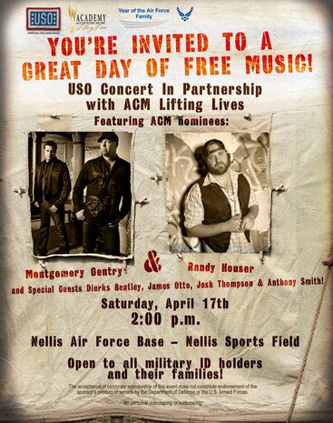 The Academy of Country Music’s charitable arm, ACM  Lifting Lives and the USO are partnering to provide a free concert to military members and their families at Nellis Air Force Base, April 17. The event, which begins at 2 p.m. at the Nellis Sports Field will be hosted by Storme Warren, host of Great American Country‘s “Headline Country” and is scheduled to feature Nashville recording artists Montgomery Gentry, Randy Houser, Dierks Bentley, James Otto, Josh Thompson and Anthony Smith.  (Artwork courtesy of the Academy of Country Music)

