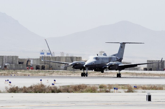An MC-12 Liberty lands after a surveillance mission April 6, 2010 at Bagram Airfield, Afghanistan. (U.S. Air Force photo/Tech. Sgt. Jeromy K. Cross)