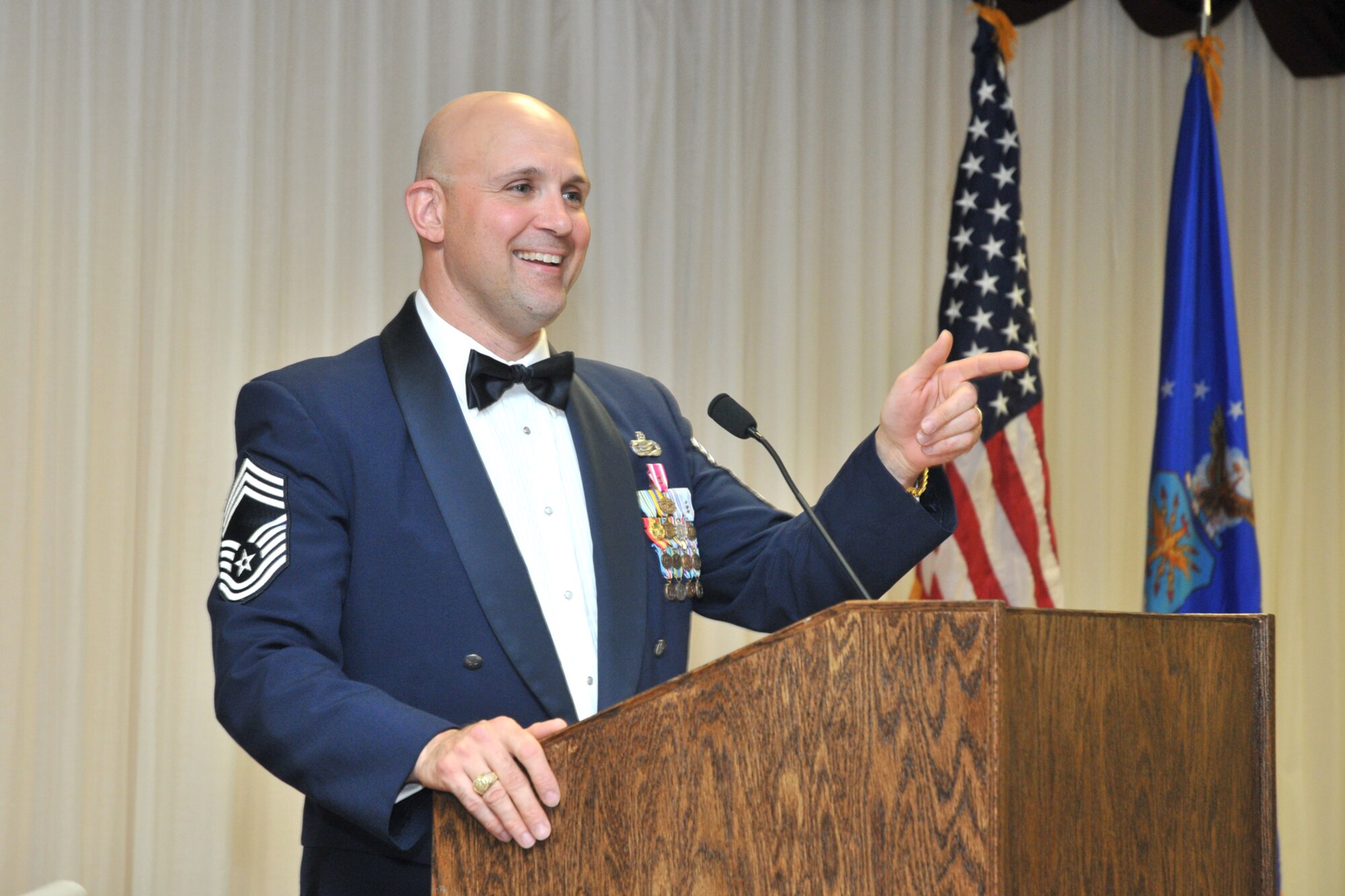 Orslene, pictured here as the guest speaker at the March 30 graduation of Airman Leadership School Class 10-3, heads for Colorado Springs next month to compete in the inaugural Warrior Games.  Orslene was injured while deployed to Iraq.  (U.S. Air Force photo by Adam Bond)
