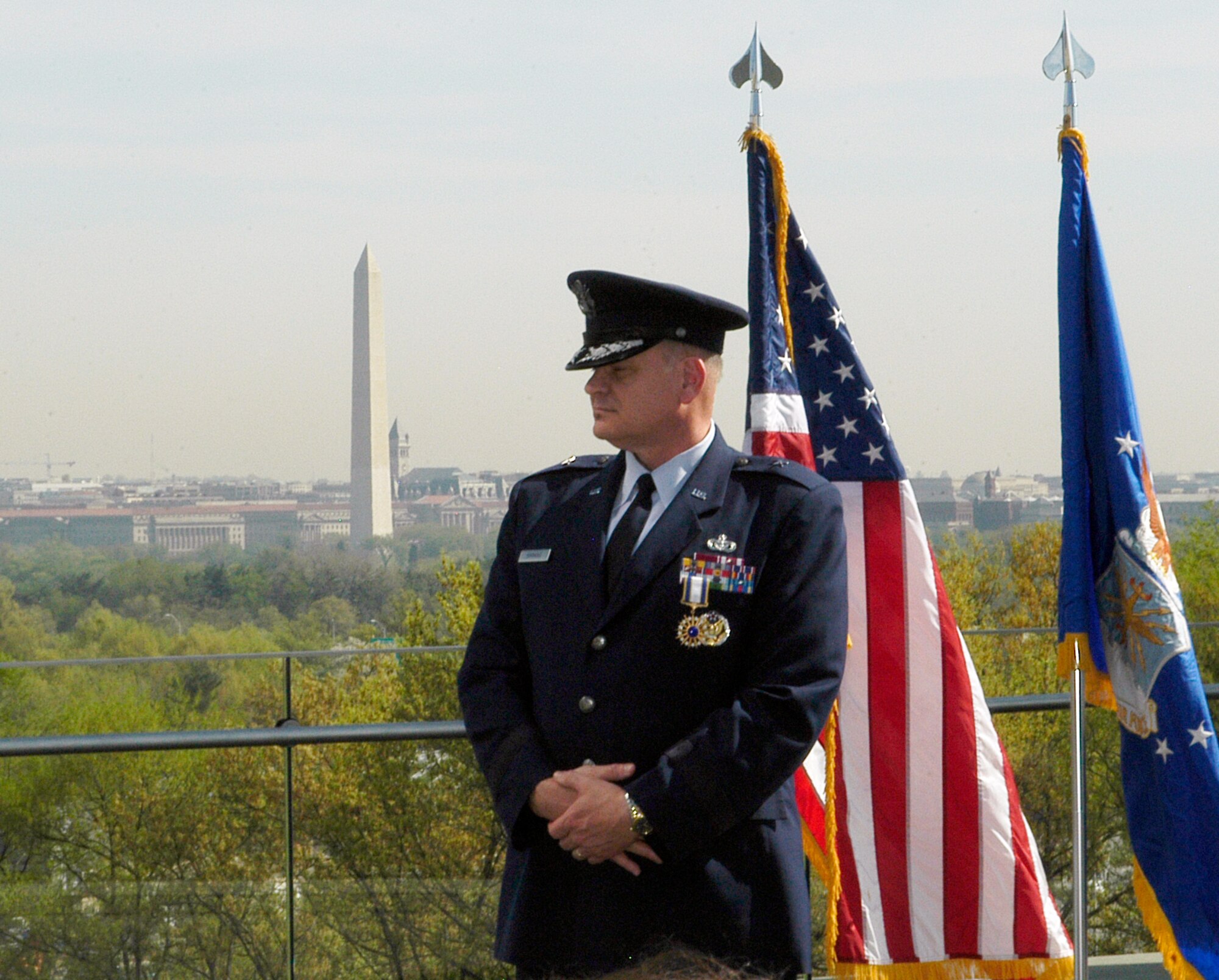 Brigadier General Dana A. Simmons, former Air Force Office of Special Investigations commander, retires in a ceremony at the Air Force Memorial located across from the Pentagon April 7. (U.S. Air Force photo/Tech. Sgt. John Jung)