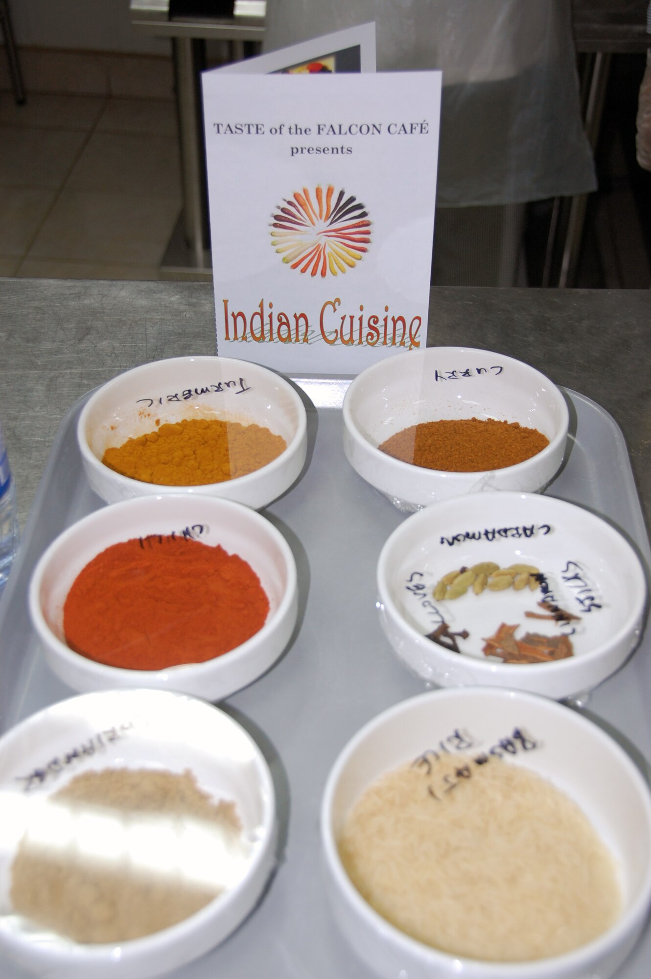 Ingredients are displayed on the counter for four Indian food recipes during a cooking class April 6, 2010 at the Flacon Cafe at an undisclosed location in Southwest Asia. The class, taught by the cafe staff, was open to those 387th Air Expeditionary Group Airmen working at the base. (U.S. Air Force photo by Tech. Sgt. Lindsey Maurice/Released)