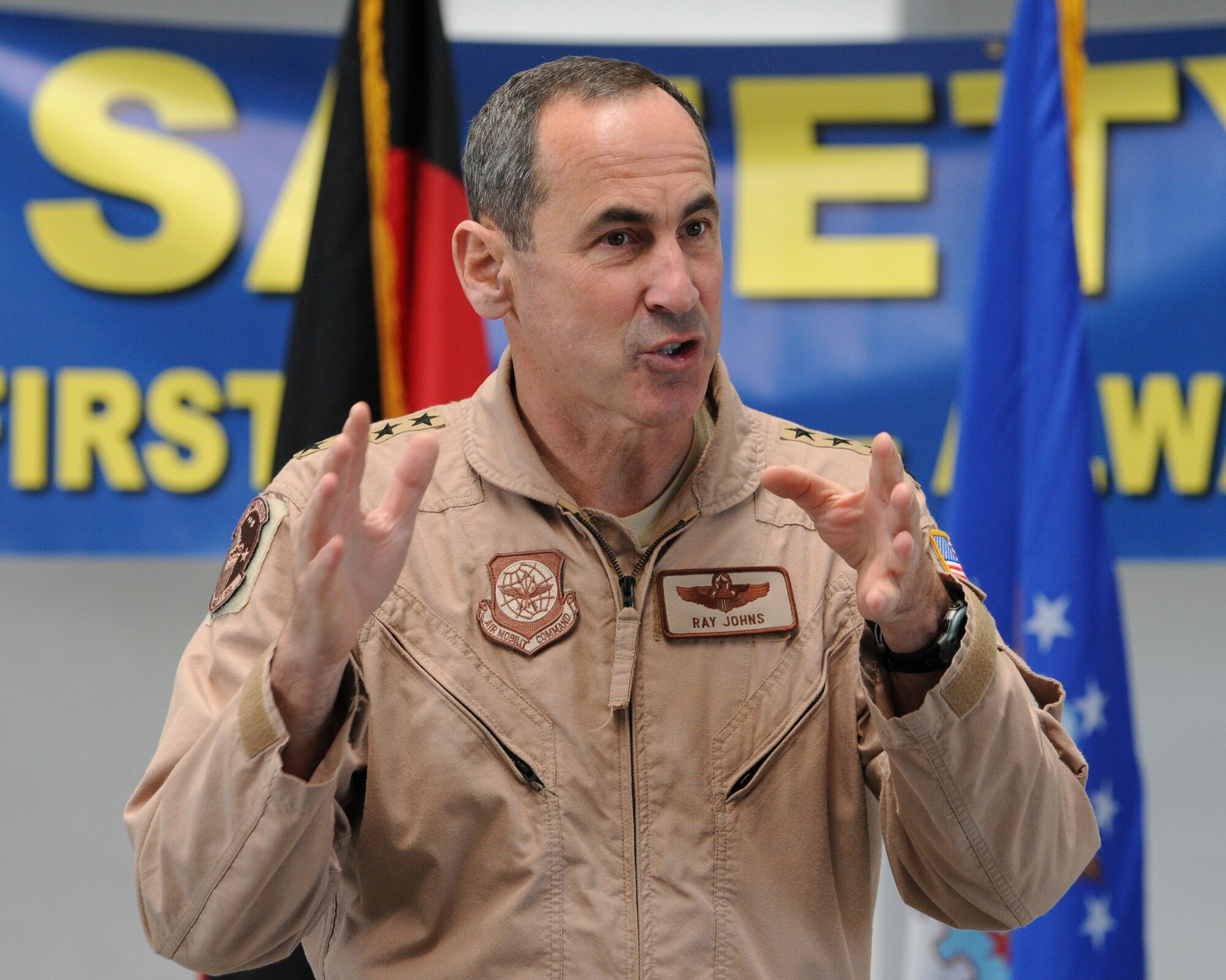 SPANGDAHLEM AIR BASE, Germany -- Gen. Ray Johns Jr., commander of Air Mobility Command, speaks to the 726th Air Mobility Squadron April 6. During his visit, General Johns took the opportunity to tour various sections of the 726th AMS and personally meet the Airmen. (U.S. Air Force photo/Senior Airman Nathanael Callon)