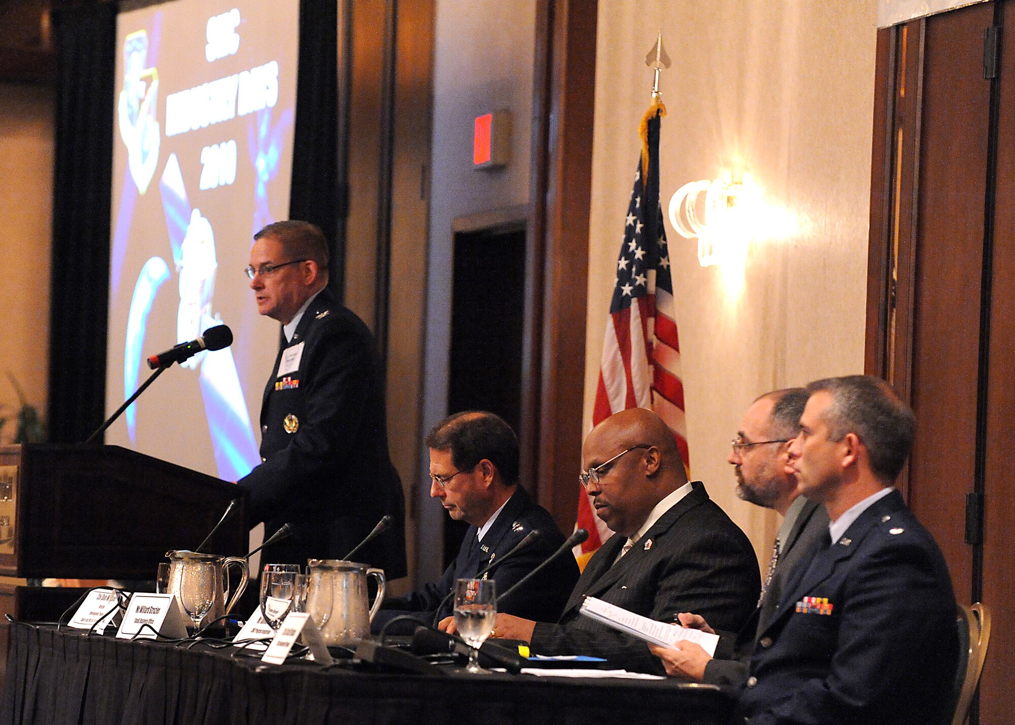 (Left to right) Col. Don Wussler, SMC Developmental Planning director; Lt. Gen Tom Sheridan, SMC commander; Willard Strozier, Space and Missile Systems Center Small Business Office, James Horejsi, SMC Program Integration; and Lt. Col. Scott Krause, SMC Developmental Planning head the discussion panel for the Small Business Session during the SMC Industry Days 2010 at the Long Beach Marriott, Calif., April 8. The three-day event, April 6-8, showcased Air Force Space and Missile Systems Center’s current and upcoming programs, focusing on business opportunities in military space programs. The event was attended by almost 400 professionals representing more than 50 aerospace companies. Co-sponsors were AFA Schriever Chapter, AFCEA-LA Chapter, NDIA-LA Chapter and the Southern California Aerospace Professional Representative Association. (Photo by Joe Juarez)