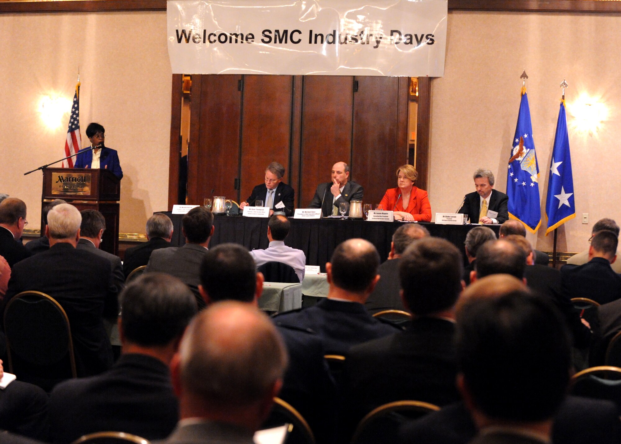 (Left to right) Dr. Wanda Austin, The Aerospace Corporation president and chief executive officer; Dave Thompson, Orbital Sciences Corporation chairman and chief executive officer; Michael Gass, United launch Alliance president and chief executive officer; Joanne Maguire, Lockheed Martin Space Systems executive vice president; and Blake Larson, ATK Space Systems Group president represented the panel of industry partners during the SMC Industry Days 2010 at the Long Beach Marriott, Calif., April 7. The three-day event, April 6-8, showcased Air Force Space and Missile Systems Center’s current and upcoming programs, focusing on business opportunities in military space programs. The event was attended by almost 400 professionals representing more than 50 aerospace companies. Co-sponsors were AFA Schriever Chapter, AFCEA-LA Chapter, NDIA-LA Chapter and the Southern California Aerospace Professional Representative Association. (Photo by Joe Juarez)