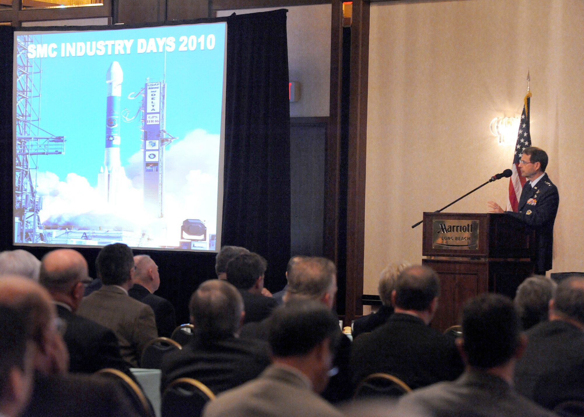 Lt. Gen. Tom Sheridan, Space and Missile Systems Center commander, was one of the many speakers during the SMC Industry Days 2010 at the Long Beach Marriott, Calif., April 6-8. The three-day event showcased Air Force Space and Missile Systems Center’s current and upcoming programs, focusing on business opportunities in military space programs. The event was attended by almost 400 professionals representing more than 50 aerospace companies. Co-sponsors were AFA Schriever Chapter, AFCEA-LA Chapter, NDIA-LA Chapter and the Southern California Aerospace Professional Representative Association. (Photo by Joe Juarez)