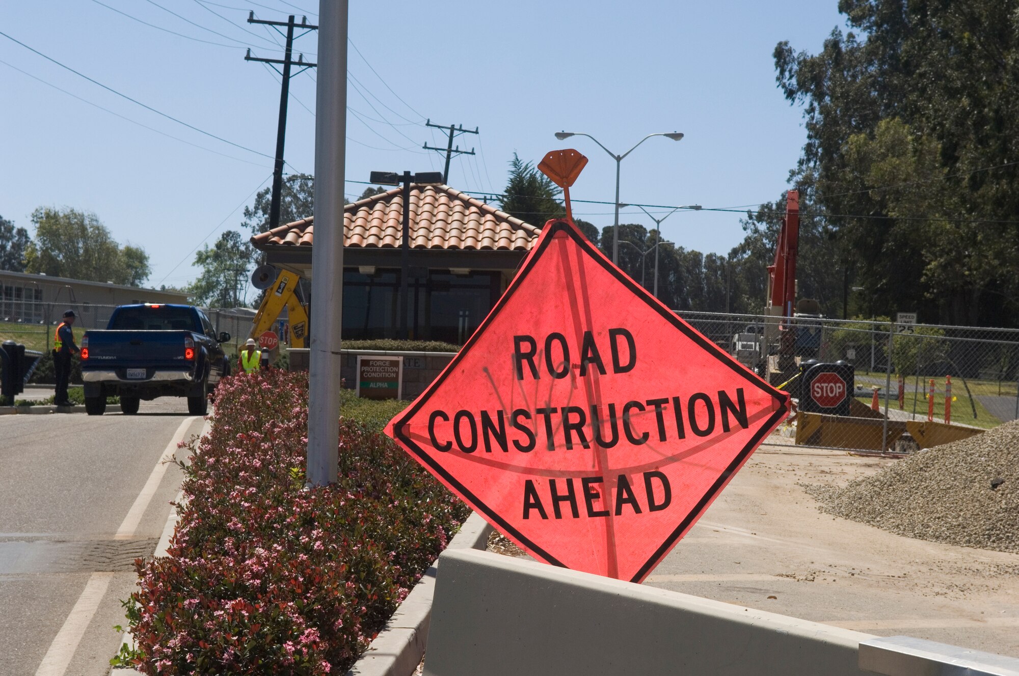 VANDENEBERG AIR FORCE BASE, Calif. – Team Vandenberg members use the outbound lane to enter base at the Utah Gate during construction here Thursday, April 8, 2010. The construction will replace aging water pipes to improve quality of life in base housing. (U.S. Air Force photo/Staff Sgt. Levi Riendeau)