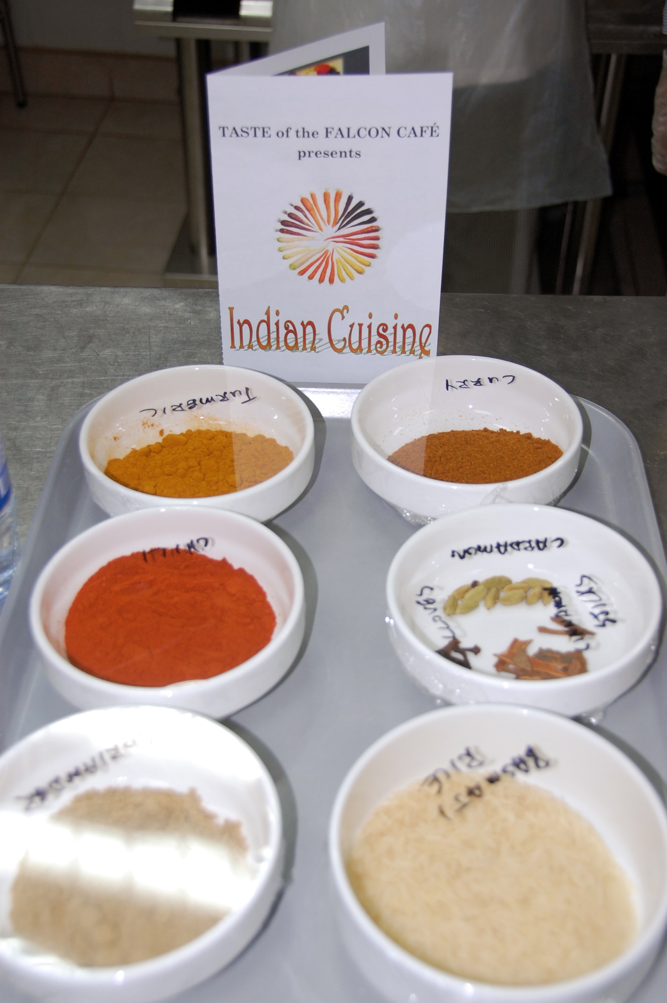 Ingredients are displayed on the counter for four Indian food recipes during a cooking class April 6, 2010, at the Flacon Cafe at an air base in Southwest Asia. The class, taught by the cafe staff, was open to those 387th Air Expeditionary Group Airmen working at the base. (U.S. Air Force photo/Tech. Sgt. Lindsey Maurice)