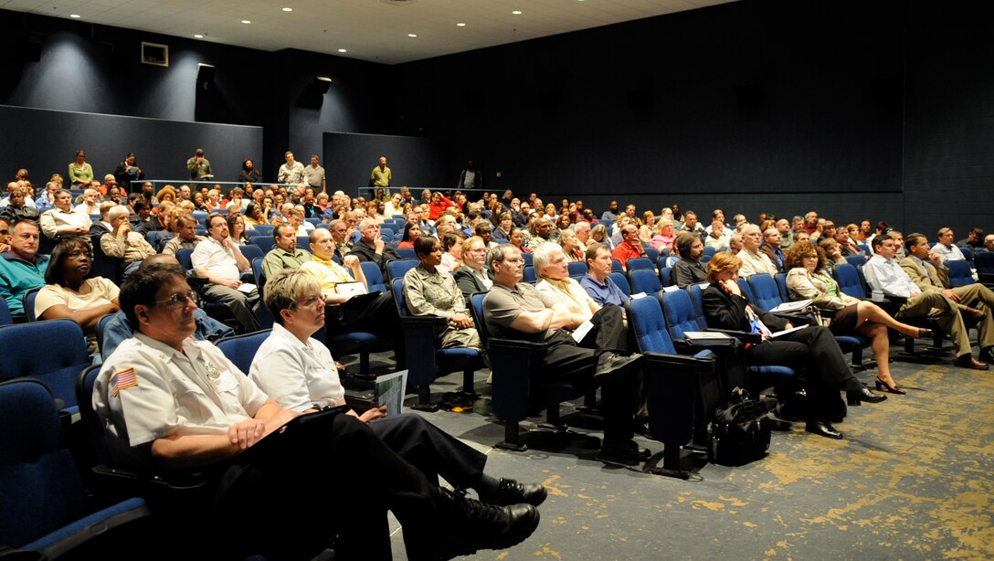 LANGLEY AIR FORCE BASE, Va. - Langley personnel attend a civilian force development briefing April 9. The Vice Chief of Staff of the Air Force recently approved several new civilian force development programs and tools. The mass briefing took place to spread the word, and to market the new civilian force development initiatives to Air Combat Command's civilian workforce and military supervisors. (U.S. Air Force photo/ Senior Airman Dana Hill)

