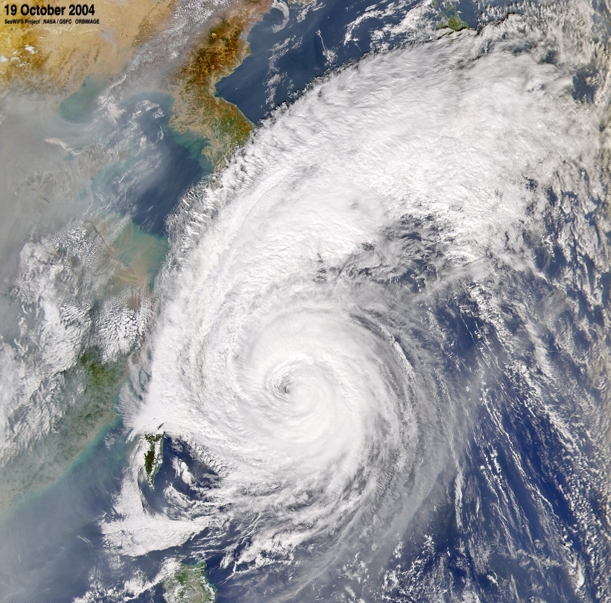 Typhoon Tokage, or "lizard" in Japanese, was the record eighth typhoon to strike Japan in 2004 when it hit the island nation October 20. At the time this image was taken, Tokage was approximately 20 miles south-southeast of Okinawa and generated winds around 107 mph. Okinawa residents can get typhoon track information on the Joint Typhoon Warning Center's website at http://www.usno.navy.mil/JTWC.  (Courtesy image provided by the SeaWiFS Project, NASA/Goddard Space Flight Center and ORBIMAGE)