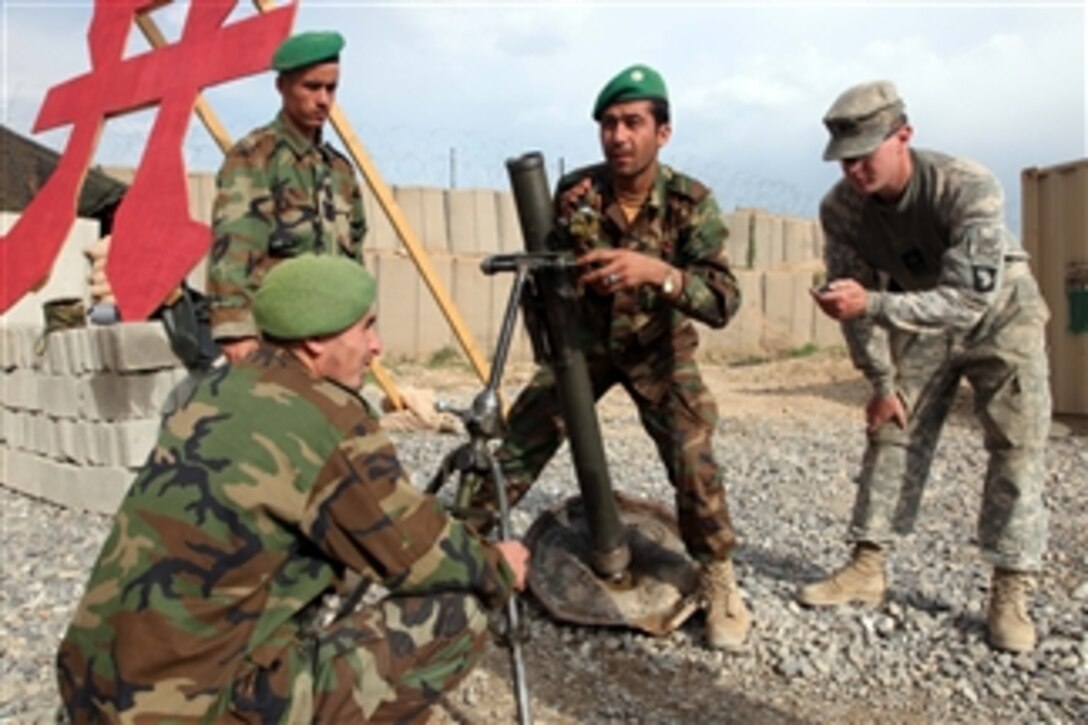 Afghan soldiers receive training on how to properly set up a 60 mm mortar in Khost province, Afghanistan, on April 4, 2010.  