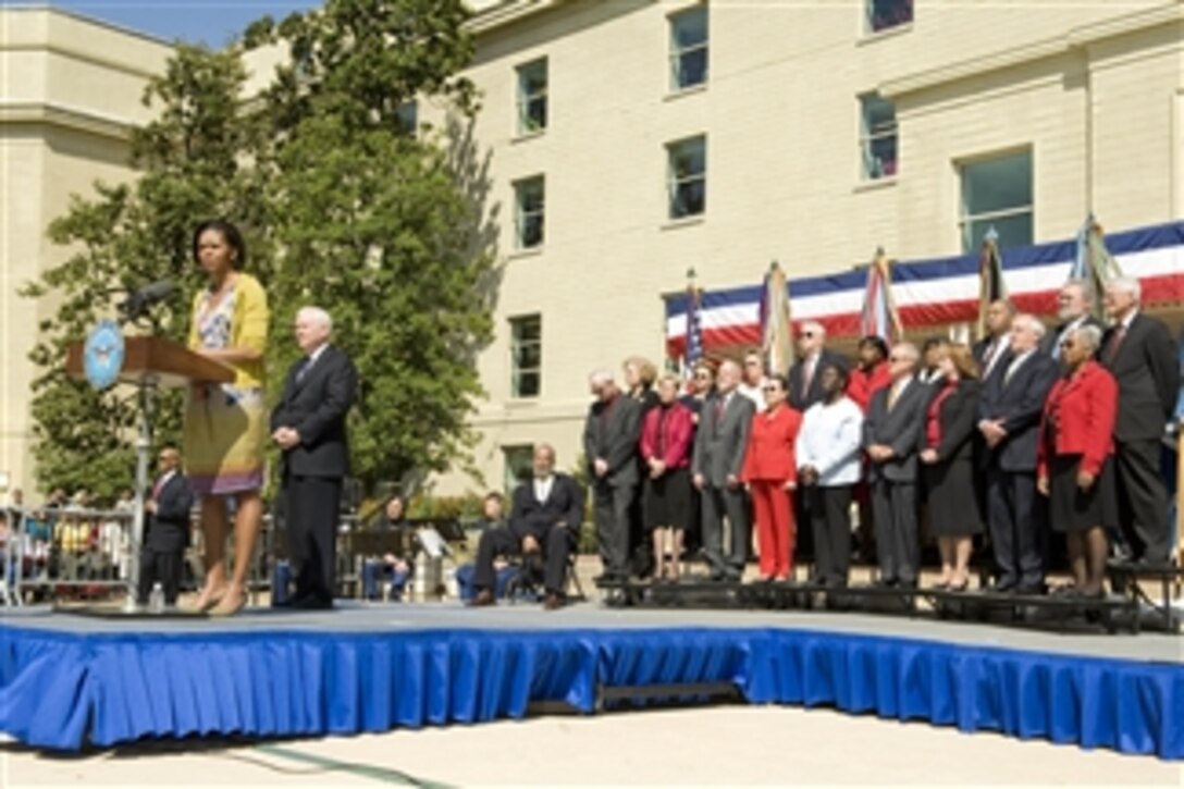 First Lady Michelle Obama thanks military members and civilian employees for their service at the Pentagon on April 9, 2010.  Secretary of Defense Robert M. Gates hosted the event.  
