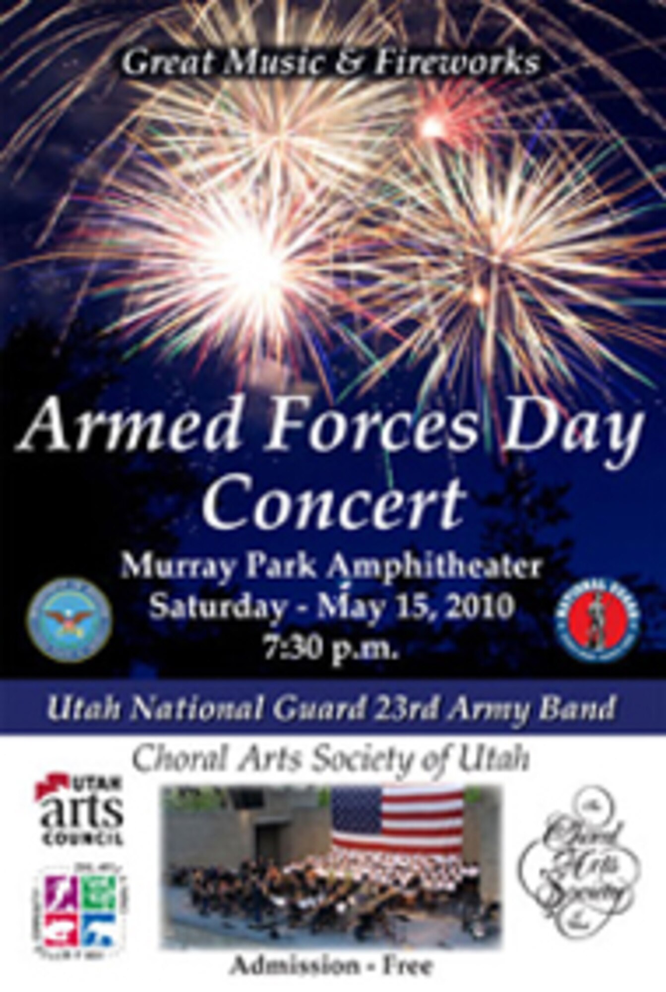 The Choral Arts Society of Utah will join forces with the Utah National Guard's 23rd Army Band for a rousing salute to the men and women in uniform May 15. A concert will be held at the Murray Park Amphitheater on Saturday, May 15 at 7:30 p.m. Admission is free, and no tickets are required.  The concert will feature military marches, including the Stars & Stripes Forever, and a fireworks display.
