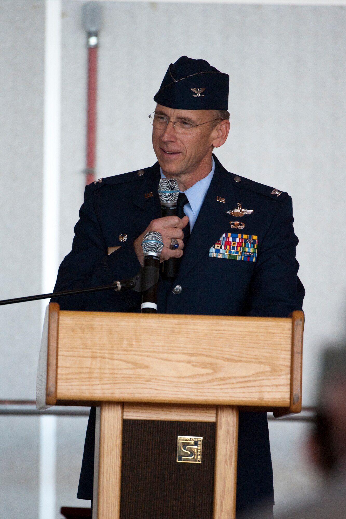 HOLLOMAN AIR FORCE BASE, N.M. -- Col. Donald Lindberg, 44th Fighter Group commander, addresses Holloman Airmen during the group's activation ceremony April 9, 2010. The 44th Fighter Group traces its lineage to the famed World War II 44th Bombardment Group (Heavy) originally activated in January 1941 at MacDill Army Air Field in Tampa, Fla., and flew the then state of the art B-24 Liberator. Sixty-nine years later, the 44th Fighter Group is the only Air Force Reserve organization to be selected to fly the U.S. Air Force's premier air superiority fighter, the F-22 Raptor. (U.S. Air Force photo by Staff Sgt. Joe Laws / Released)