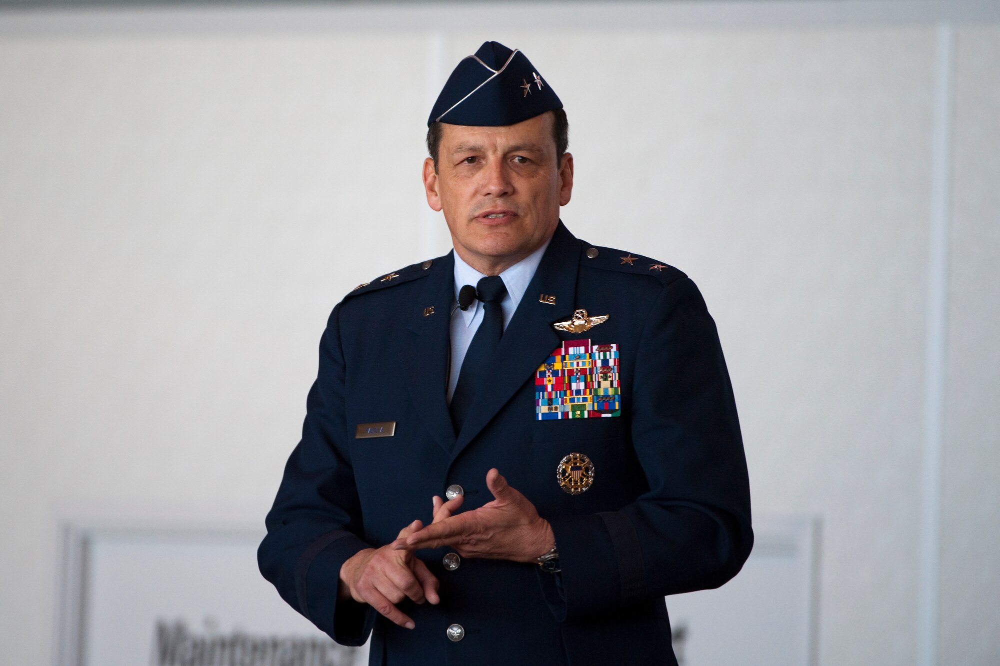 HOLLOMAN AIR FORCE BASE, N.M. -- Maj. Gen. Frank Padilla, 10th Air Force commander, addresses Holloman Airmen during the 44th Fighter Group activation ceremony April 9, 2010. The 44th Fighter Group traces its lineage to the famed World War II 44th Bombardment Group (Heavy) originally activated in January 1941 at MacDill Army Air Field in Tampa, Fla., and flew the then state of the art B-24 Liberatror. Sixty-nine years later, the 44th Fighter Group is the only Air Force Reserve organization to be selected to fly the U.S. Air Force's premier air superiority fighter, the F-22 Raptor. (U.S. Air Force photo by Staff Sgt. Joe Laws / Released)