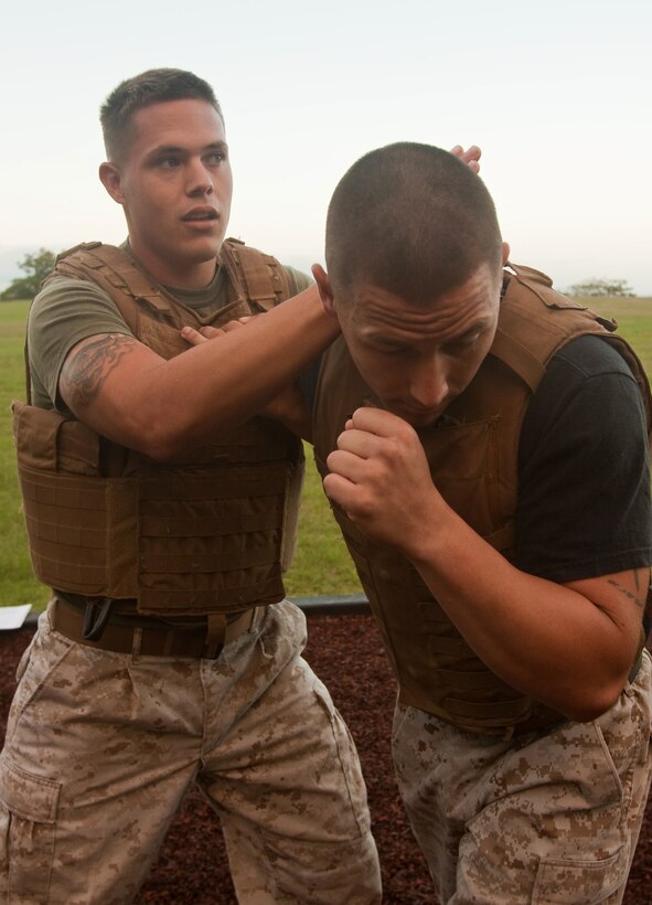 Sgt. Robert J. Porras, Marine Corps Martial Arts instructor, demonstrates a counter to the rear hand punch on Sgt. Joseph M Benezette, MCMAP instructor trainer, during green belt training April 11 at Bordelon Field, Camp H. M. Smith, Hawaii. Porras and Benezette have taken the challenging of training 80 percent of Headquarters and Service Battalion, U.S. Marine Corps Forces, Pacific, to green belt before August.