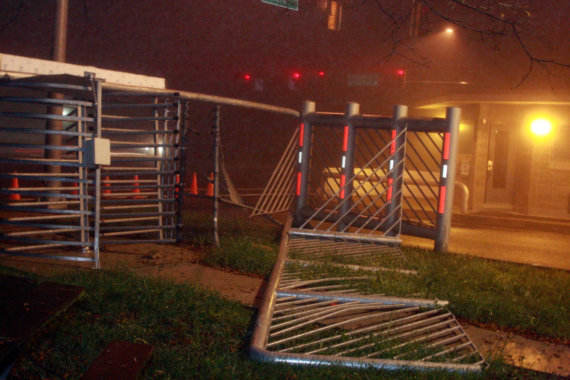 The main gate at Warfield Air National Guard Base, Md., was severely damaged when struck by a vehicle running through the intersection of Route 43 and Eastern Boulevard. Base officials have warned unit members to be cautious of civilian traffic when entering and leaving base. (Released)