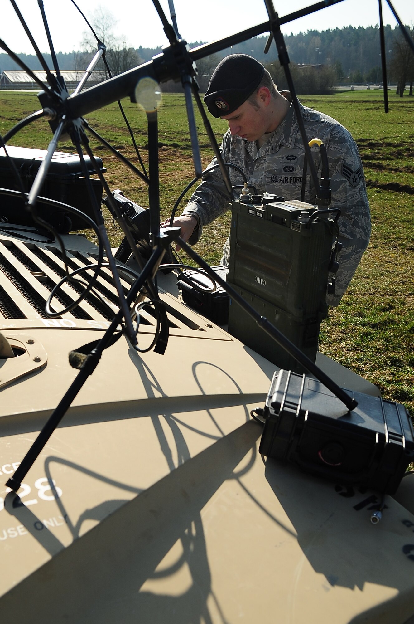 U.S. Air Force Senior Airman Joseph Schermetzkr, Tactical Air Control Party member, 2nd Air Support Operations Squadron calibrates a military ruggedized tablet linked
to a satellite communications network during pre-deployment training, Rose Barracks, Vilseck, Germany, April 8, 2010. The 2nd ASOS kicked off a 45 day pre-Afghanistan training plan, sharpening critical combat skills in preparation for upcoming Operation Enduring Freedom deployments. (U.S. Air Force 
photo by Senior Airman Tony R. Ritter)




