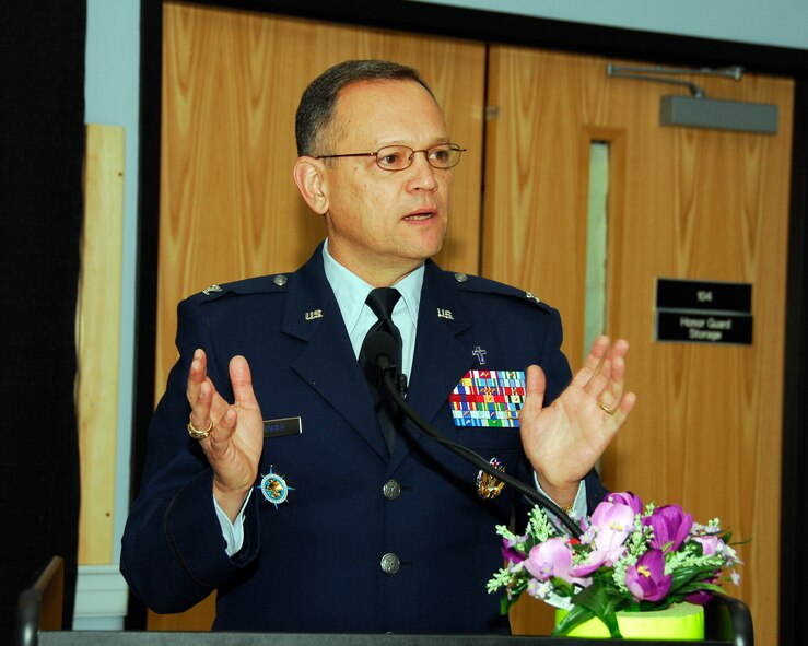 Chaplain (Colonel) Conrado E. Navarro,  pauses during his speech at the Commander's Annual Prayer Breakfast at Pease Air National Guard Base, New Hampshire on April 11th, 2010.  Col. Navarro is the United States Transportation Command and Air Mobility Command Command Chaplain, stationed at Scott AFB, Illinois.  (U.S. Air Force photo/Staff Sgt. Curtis J. Lenz)