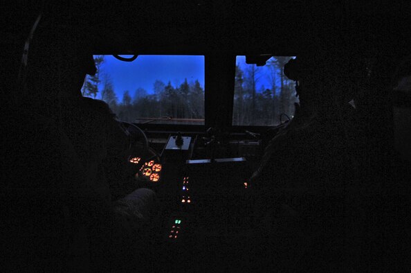 Tactical Air Control Party members from the 2nd and 4th Air Support Operations Squadrons practice night driving in a Mine Resistant Ambush Protected vehicle during pre-deployment training, Rose Barracks, Vilseck, Germany, April 8, 2010. The 2nd ASOS kicked off a 45 day pre-Afghanistan training plan, sharpening critical combat skills in preparation for upcoming Operation Enduring Freedom deployments.(U.S. Air Force photo by Senior Airman Tony R. Ritter)






