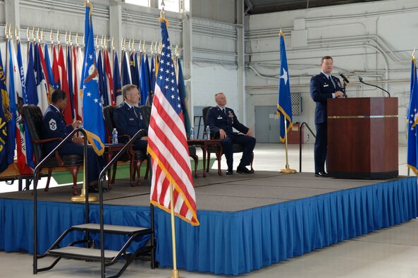 Colonel Pavey addresses the 927th Air Refueling Wing for the first time as their new commander. (U.S. Air Force Photo by Tech. Sgt. Hauser)