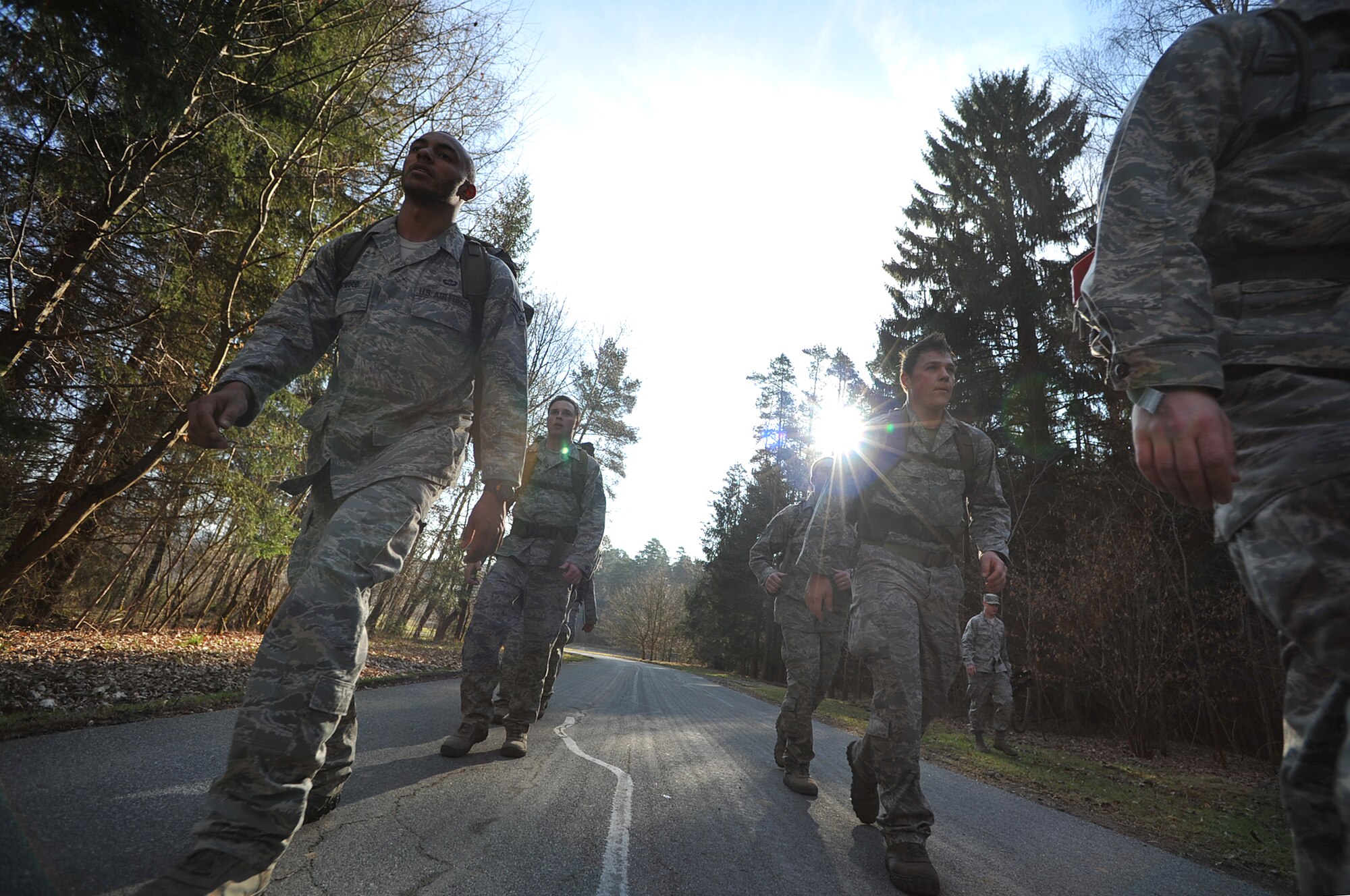 Tactical Air Control Party members from the 2nd and 4th Air Support Operations Squadrons participate in a five mile ruck march during a physical training session, 
Rose Barracks, Vilseck, Germany, April 8, 2010. The 2nd ASOS kicked off a 45 day pre-Afghanistan training plan, sharpening critical combat skills in preparation for upcoming Operation Enduring Freedom deployments. (U.S. Air Force photo by Senior Airman Tony R. Ritter)


