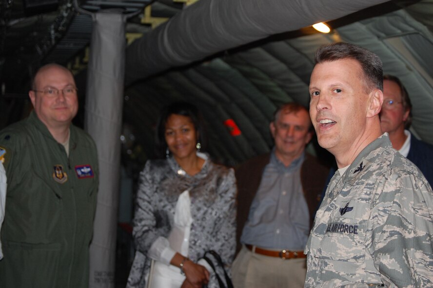 Col. Randall Ogden, commander, 916th Air Refueling Wing, welcomes home employers from across North Carolina after an ESGR bosslift to Naval Air Station Pensacola. (USAF photo by Maj. Shannon Mann, 916th ARW/PA)