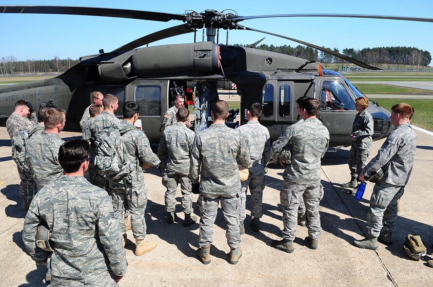 Tactical Air Control Party members from the 2nd and 4th Air Support Operations Squadron receive training on contingency aeromedical evacuation procedures, Grafenwoehr Army Airfield, Germany, April 7, 2010.The 2nd ASOS kicked off a 45 day pre-Afghanistan training plan, sharpening critical combat skills in preparation for upcoming Operation Enduring Freedom deployments. (U.S. Air Force photo by Senior Airman Tony R. Ritter)



