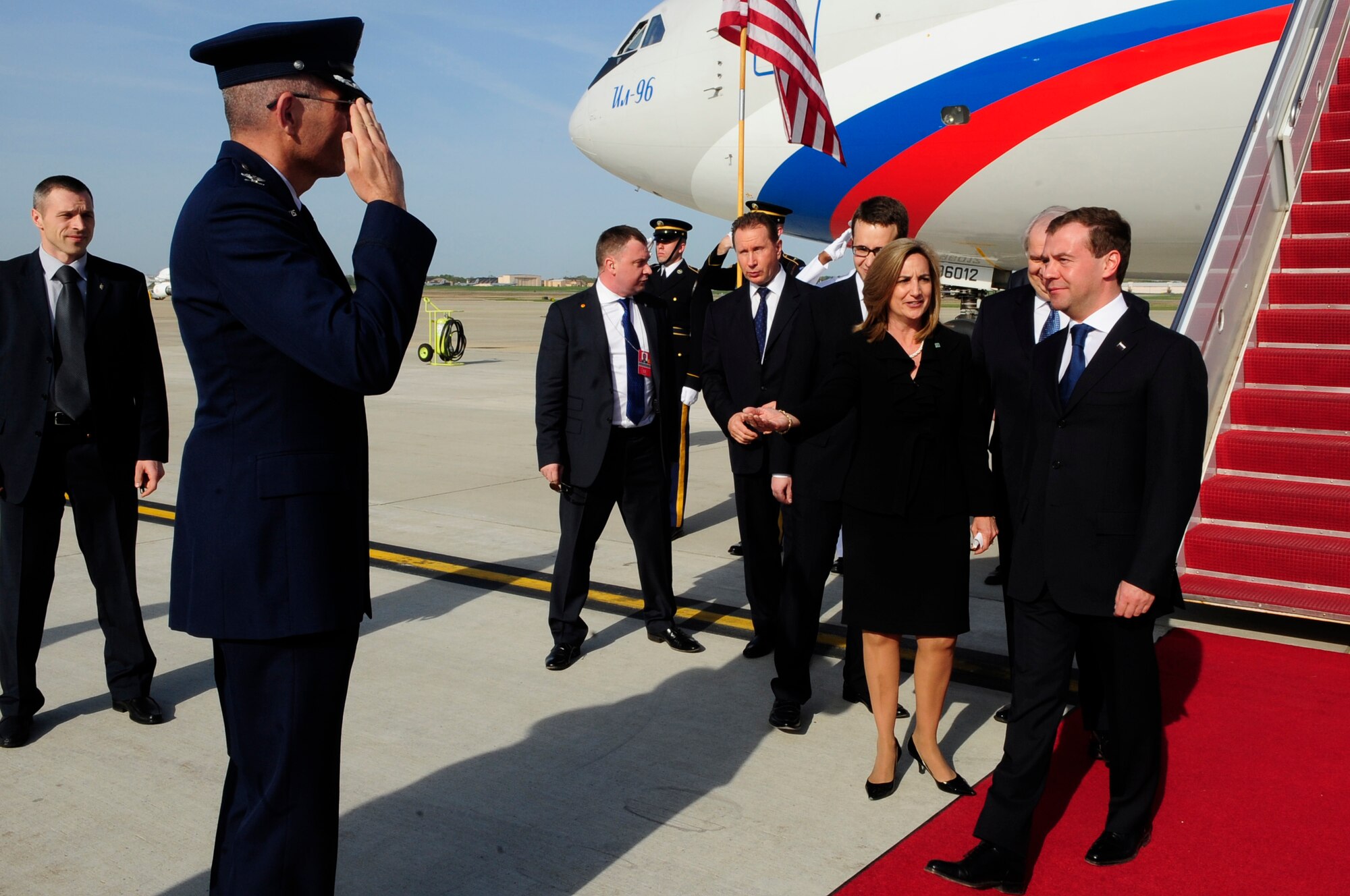 Russian President, Dmitry Medvedev, is greeted by Col. Clair Gilk, 316th Operations Group commander, on the flight line at Joint Base Andrews, Md., April 12, 2010. The national delegate landed at Andrews on his way to the Nuclear Security Summit hosted by President Barack Obama in Washington, D.C., which is slated for Monday and Tuesday. The 316th Wing is leading operations to provide safe, effective and efficient arrival and departure services for the invited guests transiting Andrews. (U.S. Air Force photo by Staff Sgt. Keyonna Fennell)
