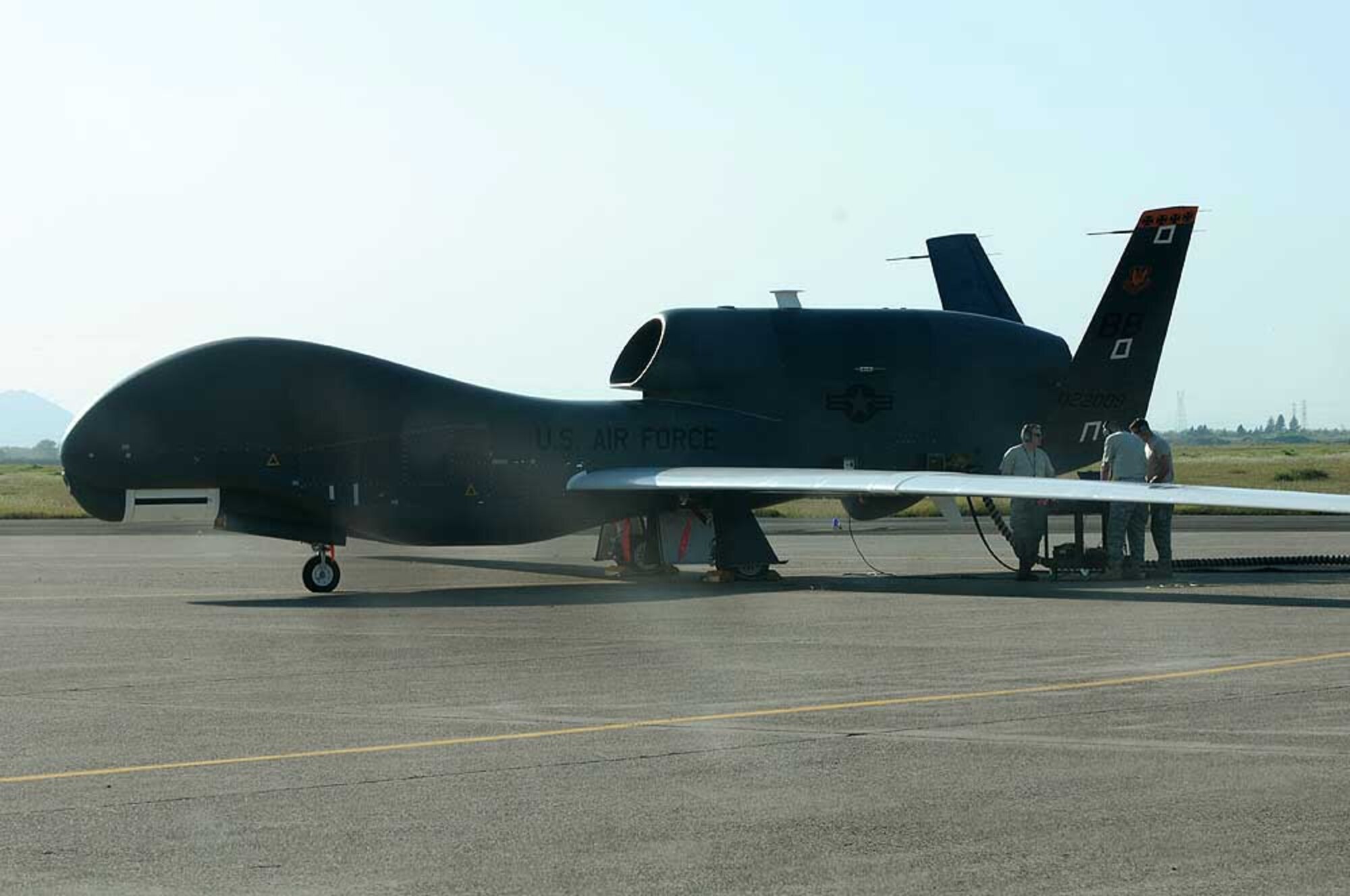 Airmen from the 9th Aircraft Maintenance Squadron at Beale Air Force Base, Calif., prepare to launch an RQ-4 Global Hawk April 8, 2010, on an operational mission.  During the flight, the aircraft flew over Canadian airspace for the first time in non-training status. (U.S. Air Force photo/Airman 1st Class David Tracy)