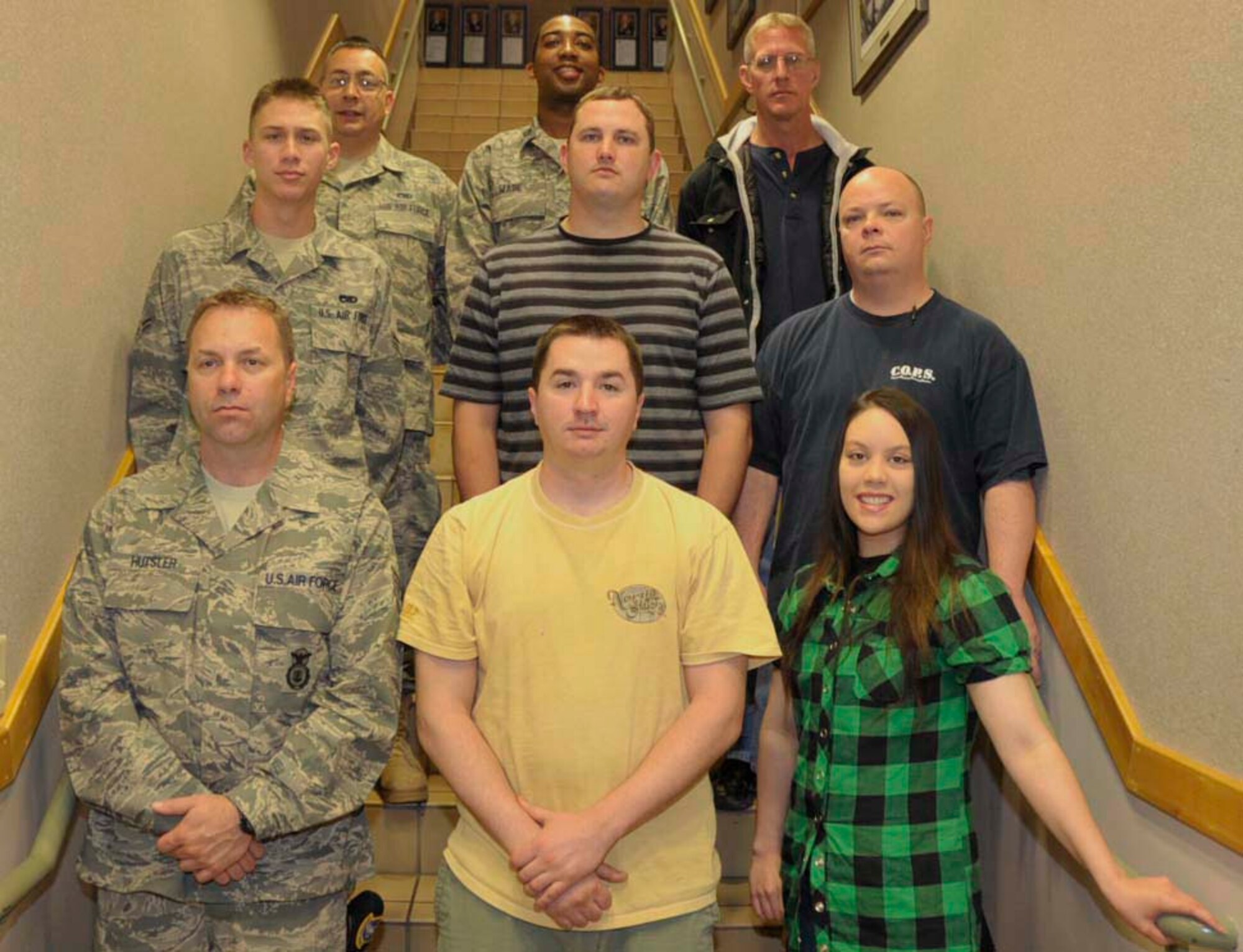 April 2010 Newcomers to the 931st Air Refueling Group. From left to right starting from the bottom;Staff Sgt. Jon Hutsler, 931st Mission Support Flight, Senior Airman Nicohlas Arnold, 931st Aircraft Maintenance Squardon, and Staff Sgt. Kristine Foster, 931st AMXS. Second row: left to right, Airman First Class Michael Murray, 931st AMXS, Senior Airman Craig Palm, 931st AMXS, and Staff Sgt. Christopher Dolman, 931st AMXS. Third row: Staff Sgt. Steve Lopez, 931st AMXS, Capt. Tim Wade, 931 Air Refueling Group Public Affairs, and Staff Sgt. Charles Lindsey, 931st AMXS.