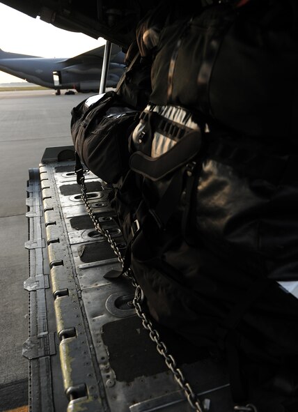 MOODY AIR FORCE BASE, Ga. -- The 71st Rescue Squadron’s cargo is loaded onto a C-130E Hercules aircraft here April 12. Members from the 38th, 41st and 71st RQS are scheduled to participate in the world’s largest personnel recovery exercise, Angel Thunder. (U.S. Air Force photo by Airman 1st Class Benjamin Wiseman/RELEASED)