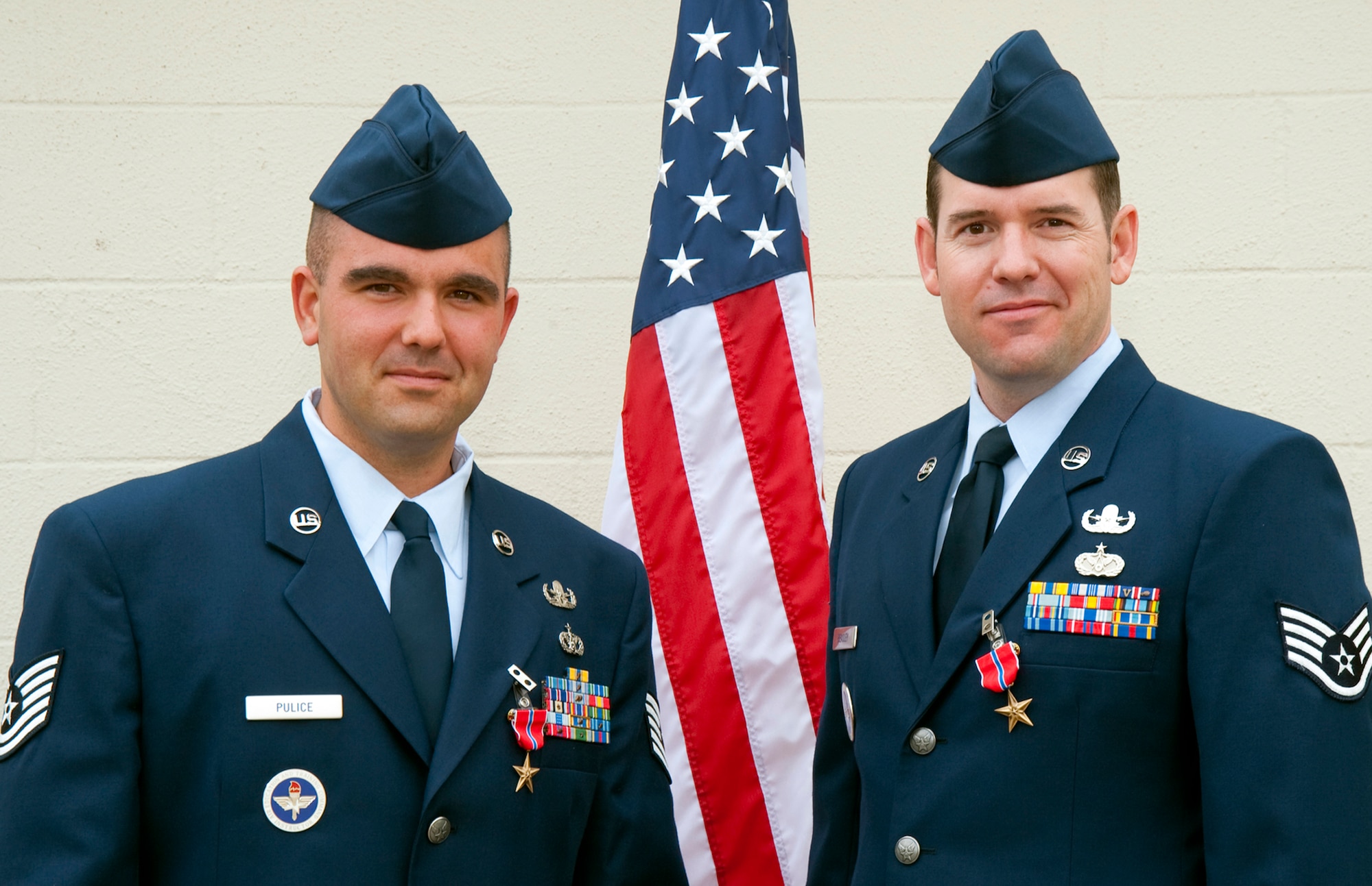 Congratulations to Tech Sgt. Frank Pulice and Staff Sgt. Kevin Beasley on receiving Bronze Star Medals April 6 for meritorious service as Explosive Ordnance Disposal team leaders in 2009 at Kirkuk Air Base, Iraq.  Sergeants Pulice and Beasley are instructors with the Det. 3, 366th Training Squadron.  (Courtesy photo) 