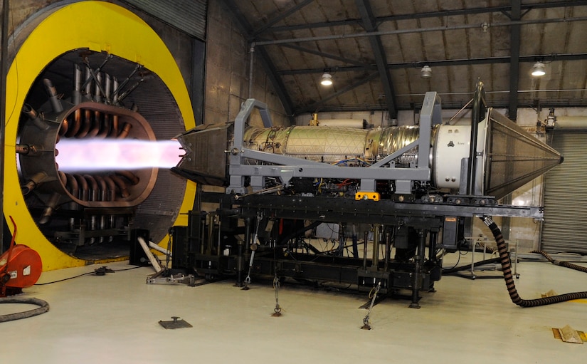 LANGLEY AIR FORCE BASE, Va. -- Airmen of the 1st Component Maintenance Squadron run a test on a  Pratt and Whitney F119-PW-100 engine at the test cell, or hush house, here April 9. These inspections are critical in order to remove any objects that could damage the blades inside the engines. (U.S. Air Force photo/ Airman 1st Class Gul Crockett) 
