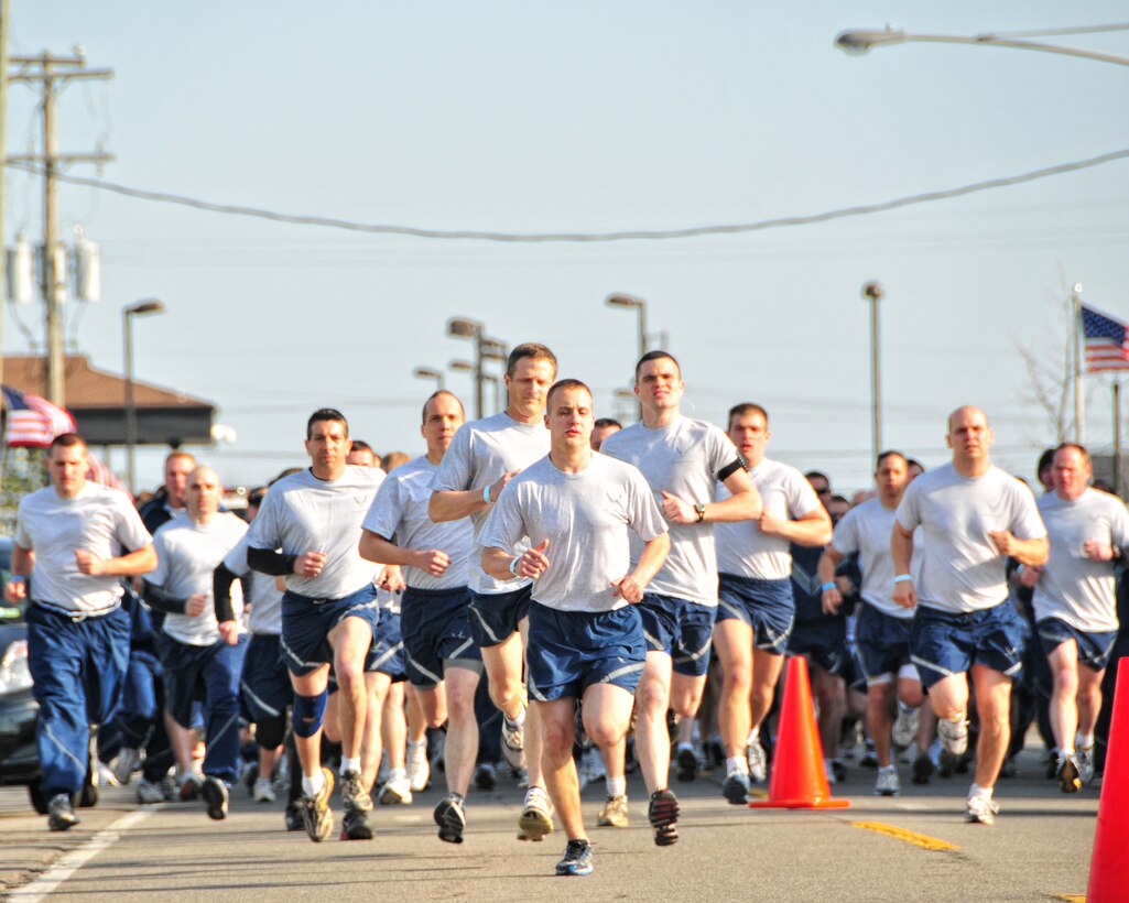 Members of the 914th Airlift Wing participate in the first bi-annual Air Force physical fitness test, April 11, 2010, Niagara Falls Air Reserve Station, Niagara Falls NY. The physical fitness test has been modified as part of the new Air Force Fit to Fight program The new changes are some of the most significant the Air Force has implemented in the last five years. These changes include the test being held twice a year and more focus on aerobic fitness.  As added incentive Air Force members scoring 90 and above and meeting all component minimum requirement are authorized to wear a patch on their right sleeve of their PT uniform. (U.S. Air Force photo by Staff Sgt. Joseph McKee)