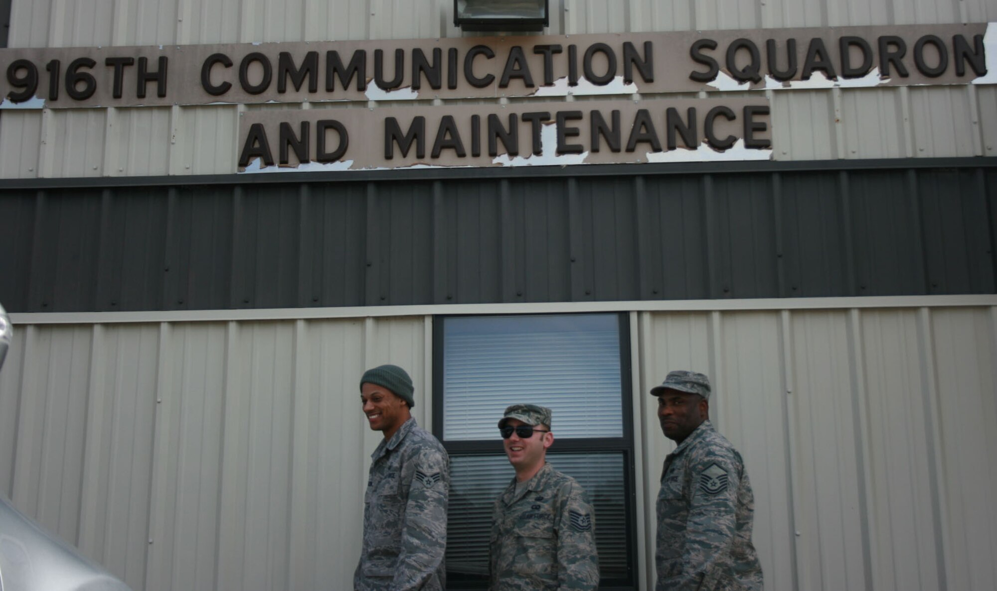 Newly promoted Air Force reservists Senior Airman Desmond Faison, (left), Tech. Sgt. George Potzgo IV, (center), Master Sgt Maurice Carter, (right). All three reservists work in the 916th Communications Squadron. (USAF photo by SSgt. William B. Opoku, 916ARW/CS)