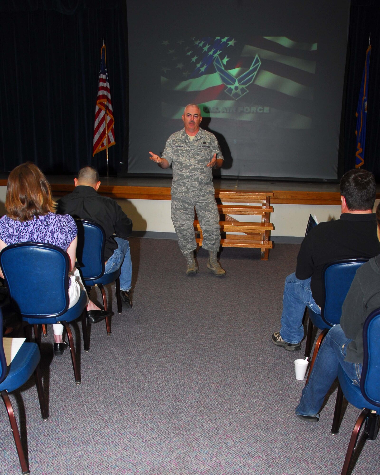 ALTUS AIR FORCE BASE, Okla. –Master Sgt. Ronald Gregory, 97 Force Support Squadron , in-service recruiter, briefs the reservists on yearly mobility requirements April 10 at the Individual Ready Reserve Muster.  For more information, contact Clarence Lee, 97th Force Support Squadron at 481-7387. (U.S. Air Force Photo/Senior Airman Marianne E. Lane) 