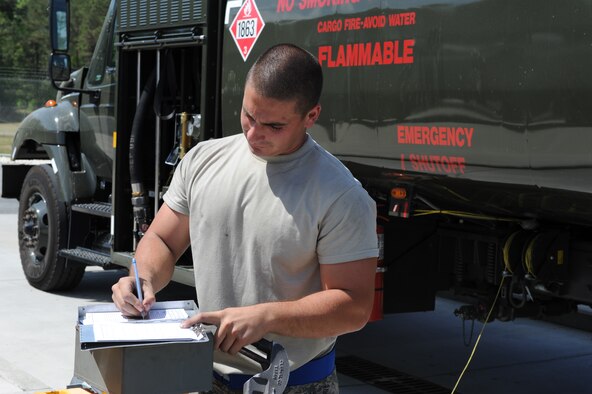 SEYMOUR JOHNSON AIR FORCE BASE, N.C. -- Senior Airman Matthew Jones fills out a consolidation sheet while refueling his truck here April 8, 2010. All Airmen must record the amount of fuel they issue. This ensures a proper account of the more than 40 million gallons of jet fuel used at Seymour Johnson AFB. Airman Jones, 4th Logistic Readiness Squadron fuels distribution operator, hails from Pittsburgh, Pa. (U.S. Air Force photo/Airman 1st Class Gino Reyes)
