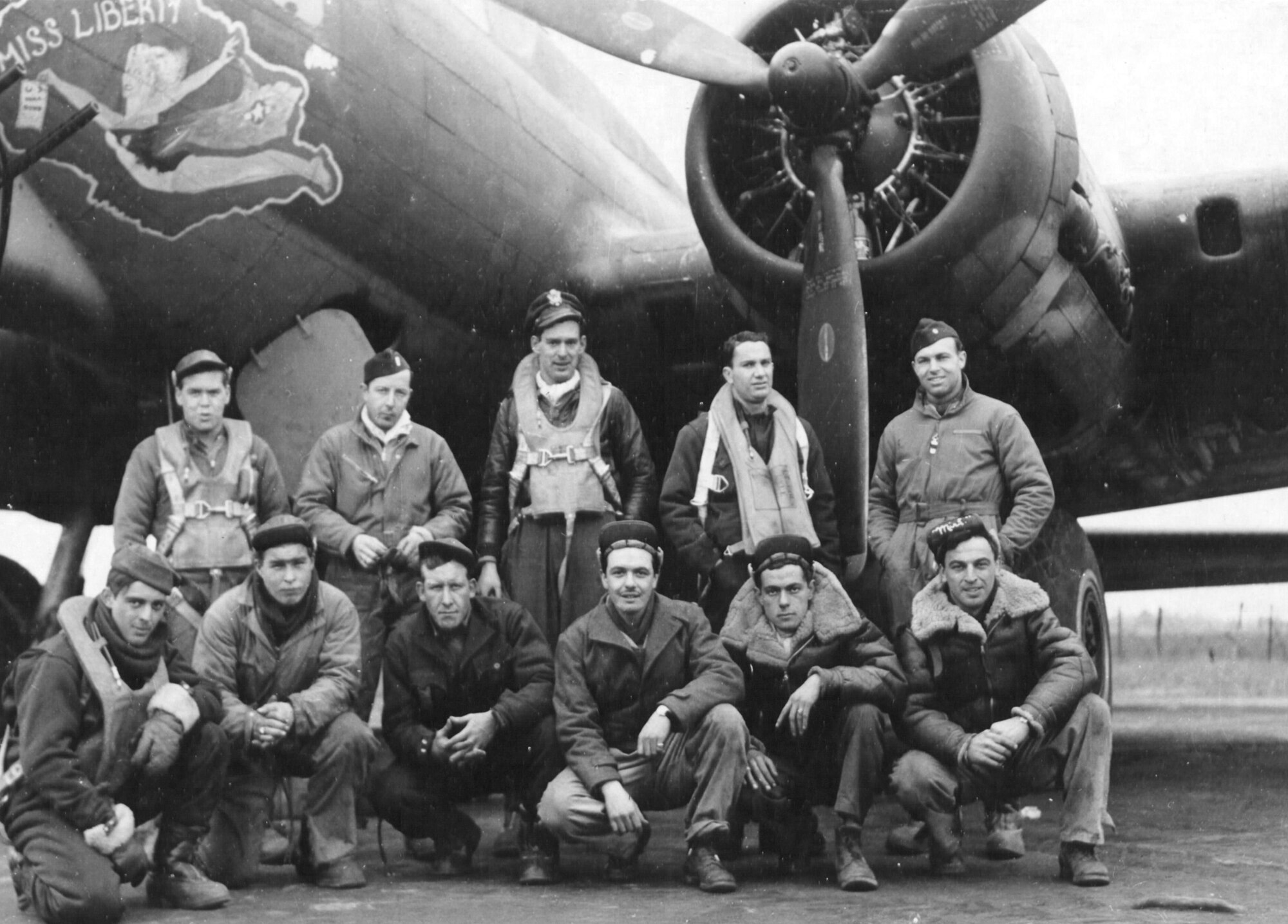 MOLESWORTH, ENGLAND – Maj. Gen. Lewis E. Lyle (center back) and his crew pose in front of a B-17G “Miss Liberty” prior to their World War II mission March 22, 1944. Barksdale Airmen along with contractors are in the process of restoring a B-17G and painting it to resemble “Miss Liberty” shown here. The B-17G static display honors General Lyle and the contributions he made. The general was a lieutenant colonel at the time this photo was taken. (Courtesy photo)