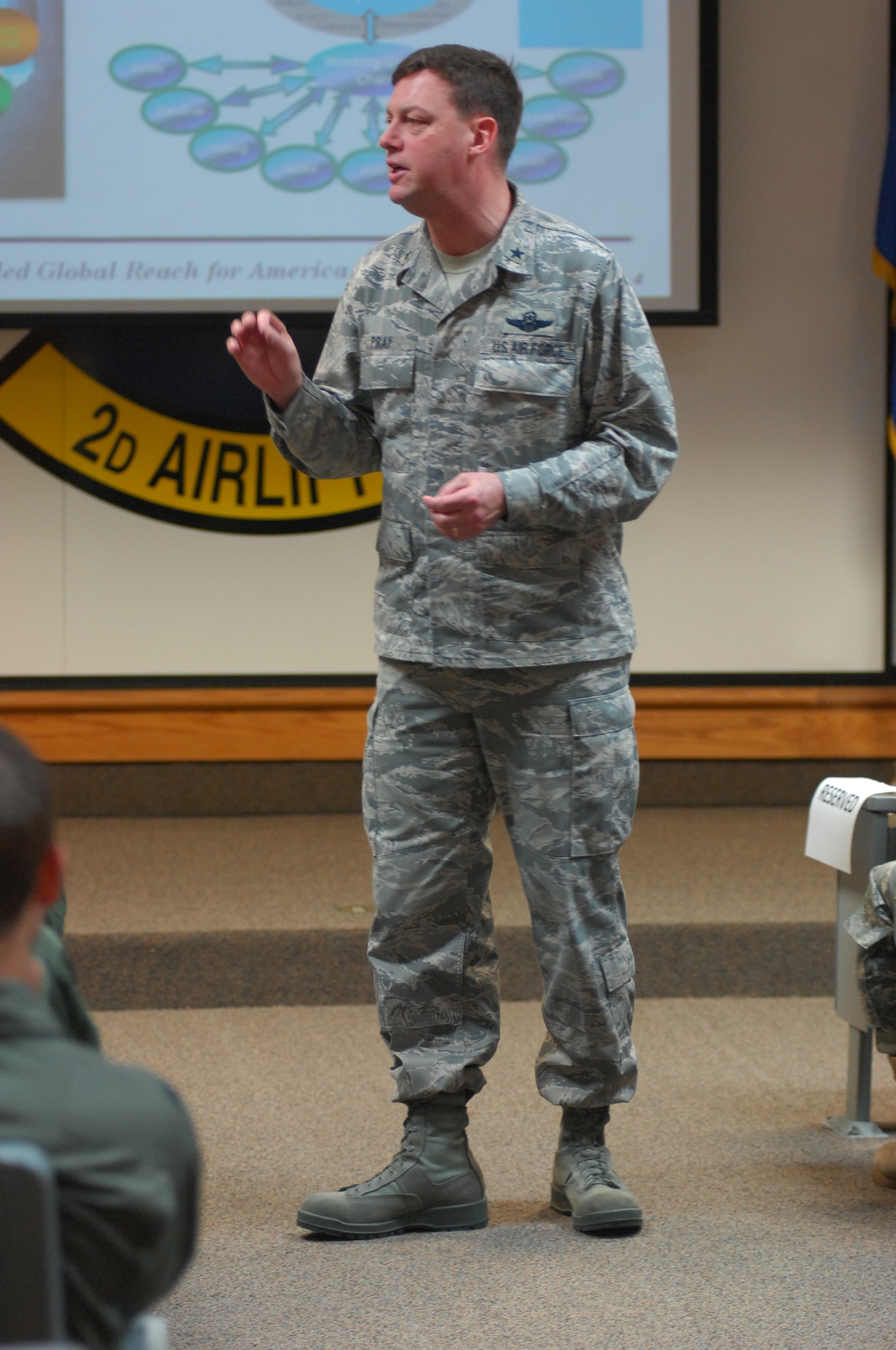 Brig. Gen. Bradley Pray, Deputy Director of Operations, Headquarters Air Mobility Command, speaks to Pope Airmen about the Force Management Program in the 2nd Airlift Squadron Auditorium, April 8. 