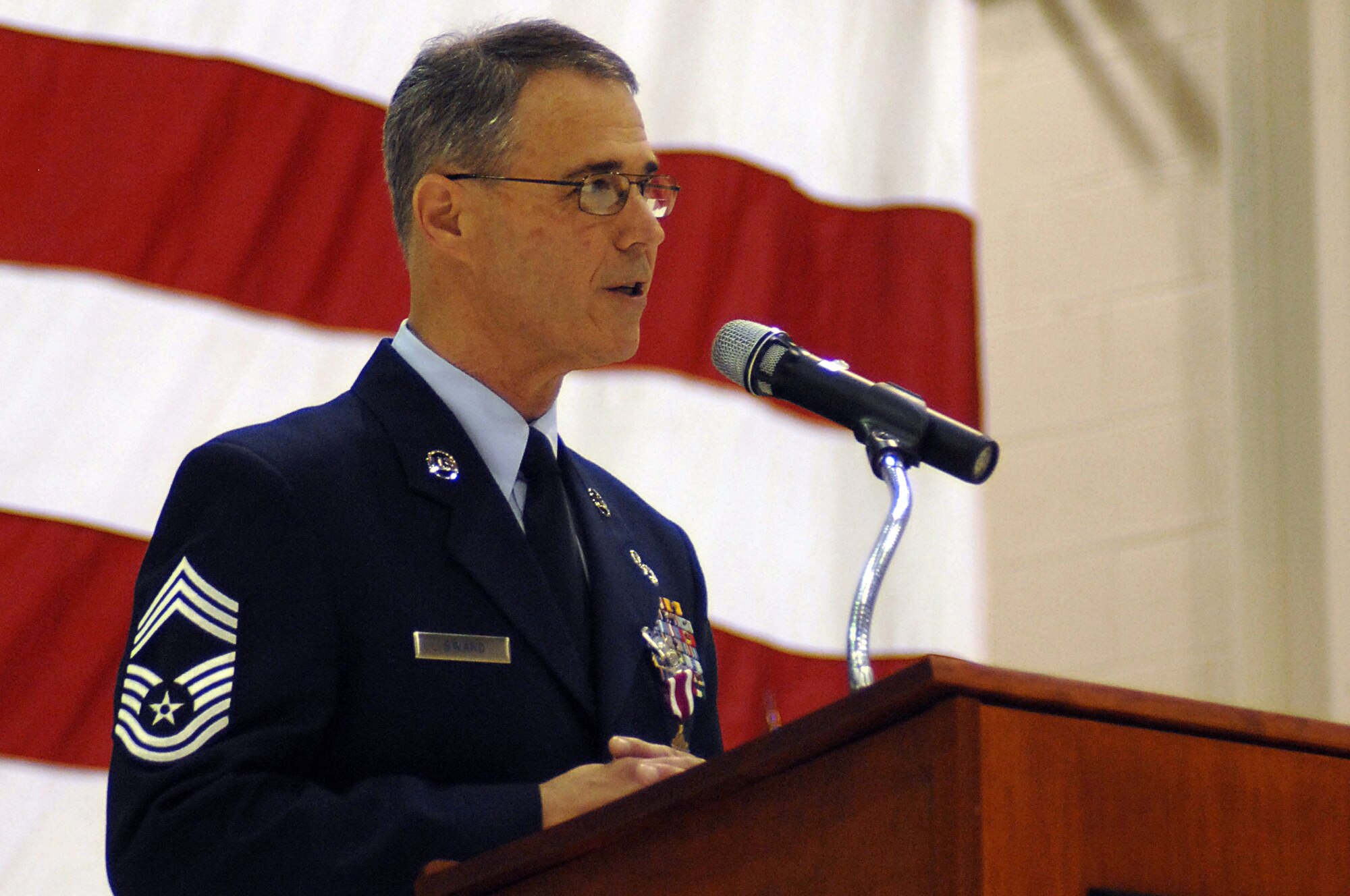 GRISSOM AIR RESERVE BASE, Ind. -- Chief Master Sgt. David Sward 434th Maintenance Squadron superintendent, delivers a speech during his retirement ceremony held here April 10. Chief Sward retired with over 37 years of military service in the U.S. Air Force. (U.S. Air Force photo/Tech. Sgt. Mark R. W. Orders-Woempner)