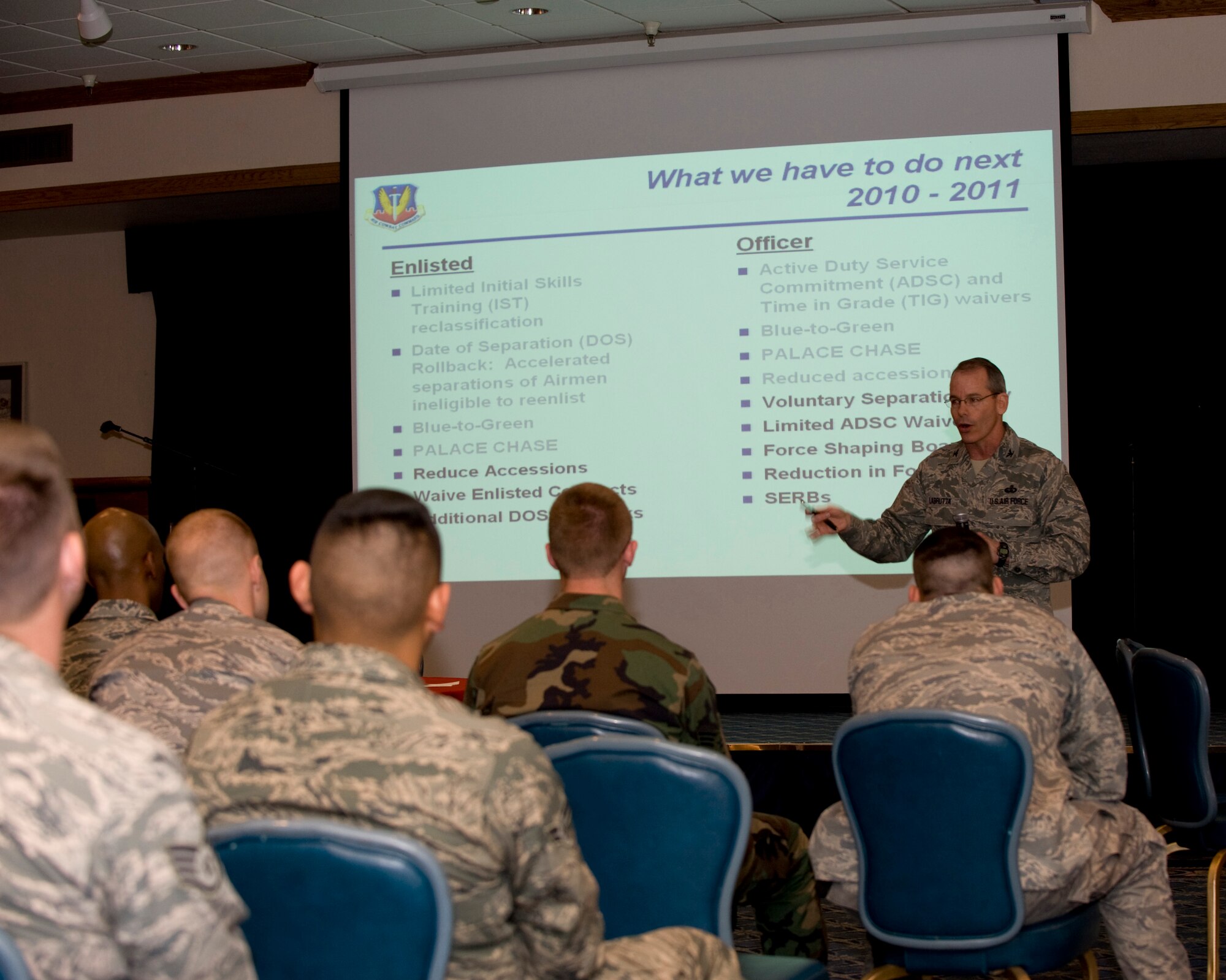 HOLLOMAN AIR FORCE BASE, N.M. -- Col. Bob LaBrutta, Director of Manpower, Personnel and Services, Air Combat Command, talks with Team Holloman personnel  about the various force shaping options. The purpose of the talk is to provide more information on the Fiscal Year 2010/11 Force Management program so members affected by the program can make informed decisions. (U.S. Air Force photo by Tech. Sgt. Alan Port / Released)